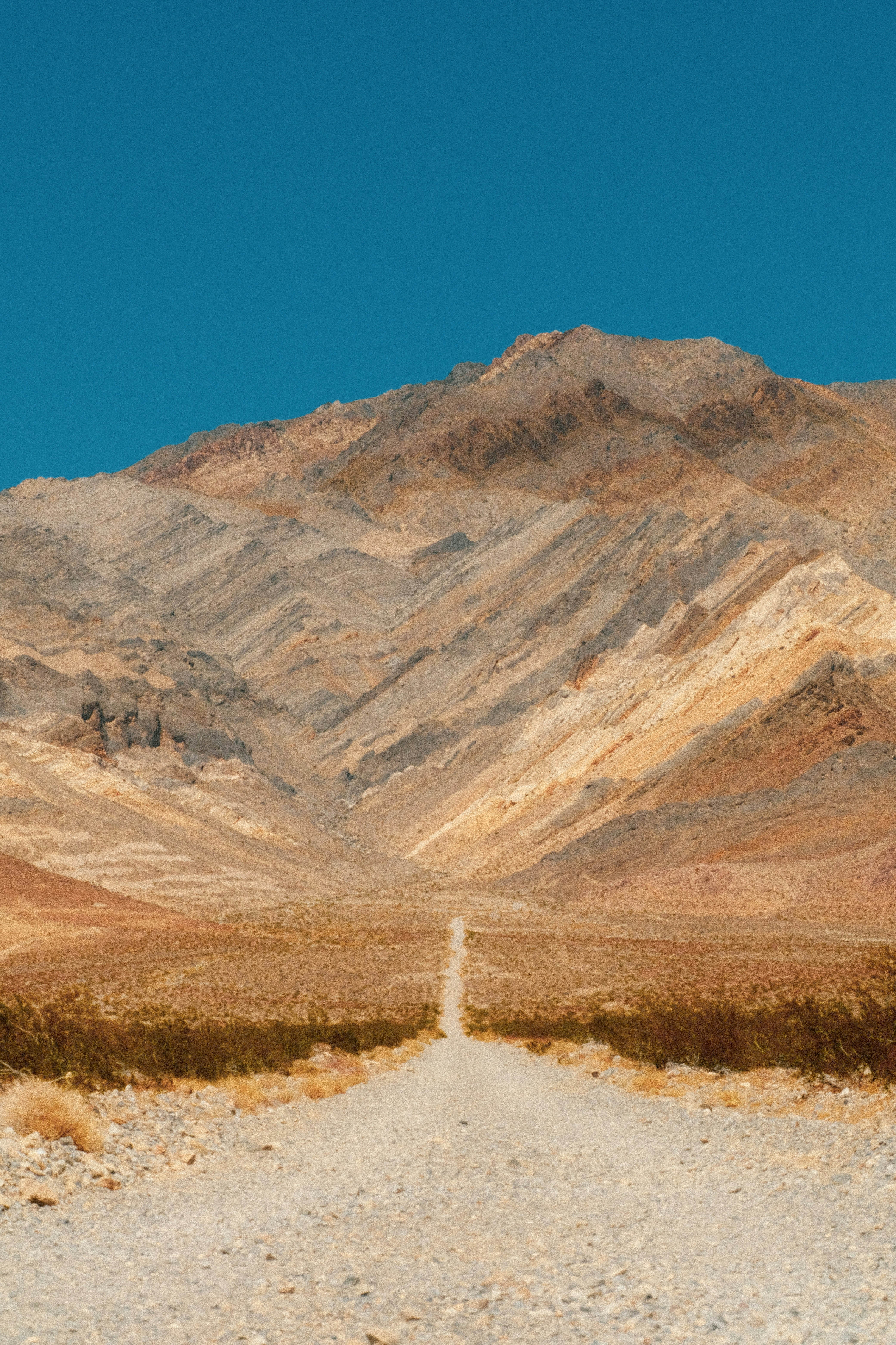 La strada del deserto conduce a una montagna colorata sotto un cielo azzurro limpido.