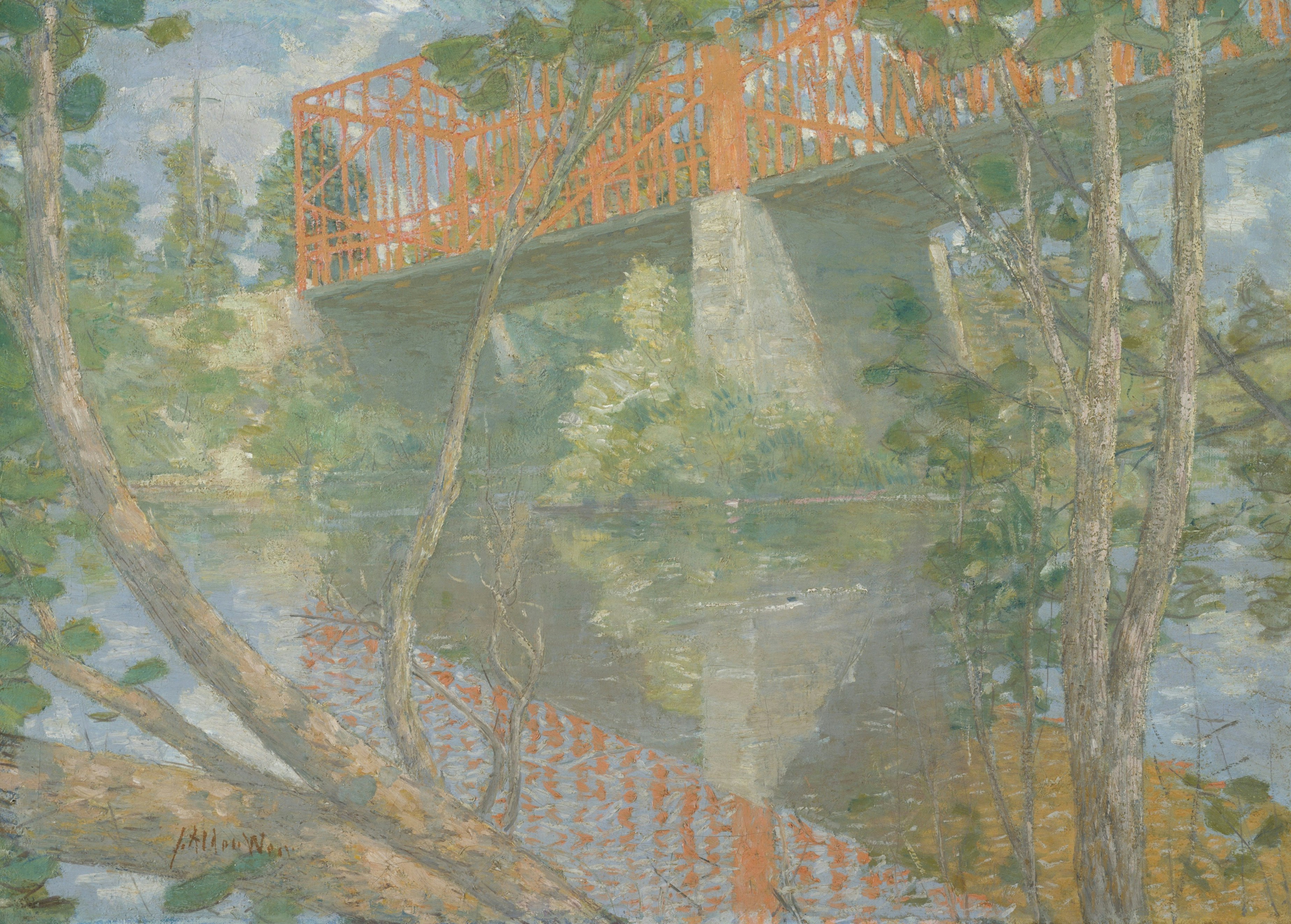 An orange bridge spans over water with trees and reflections - Free ...