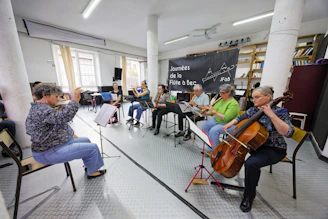 Senior musicians rehearsing with string and wind instruments indoors