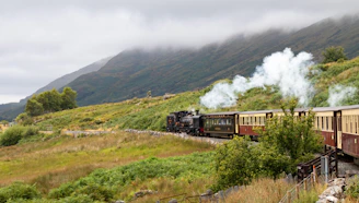 Vintage steam train emitting smoke in a misty mountain landscape