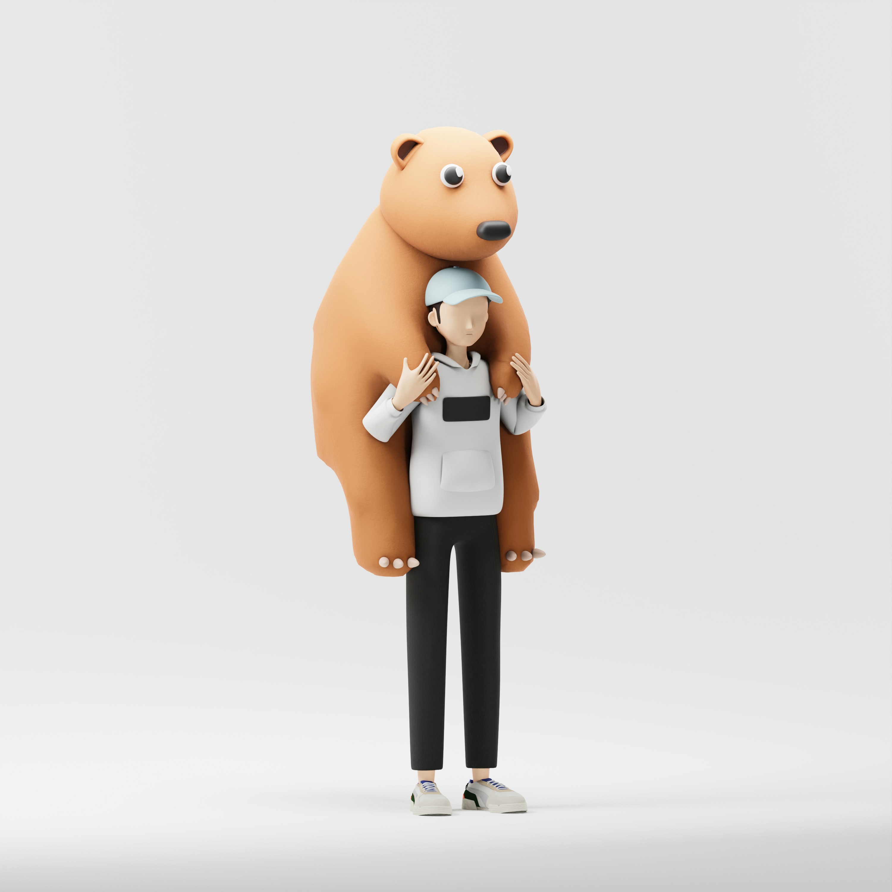 Stylized person carrying a brown bear on shoulders.