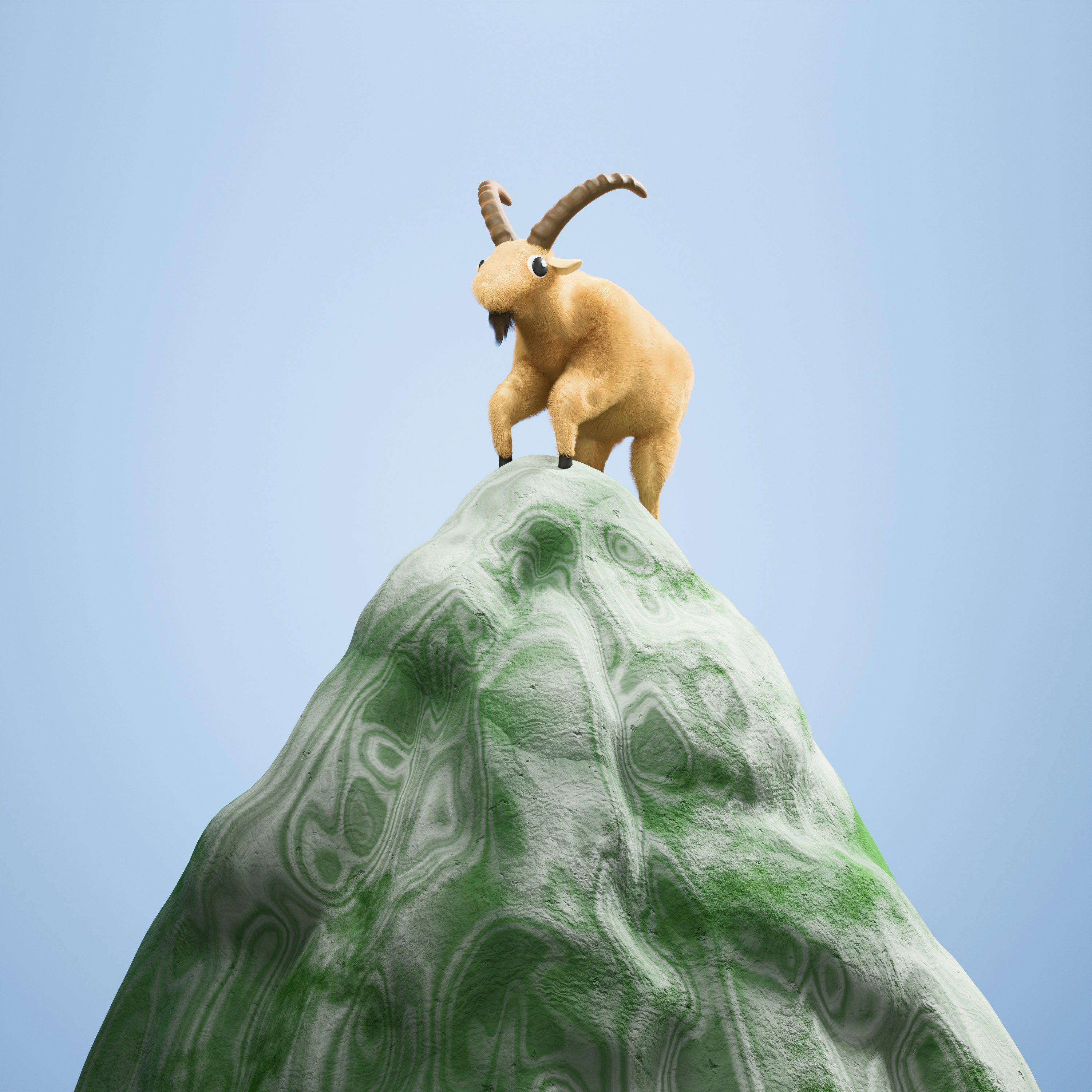 A brown goat stands proudly on a green mountain peak