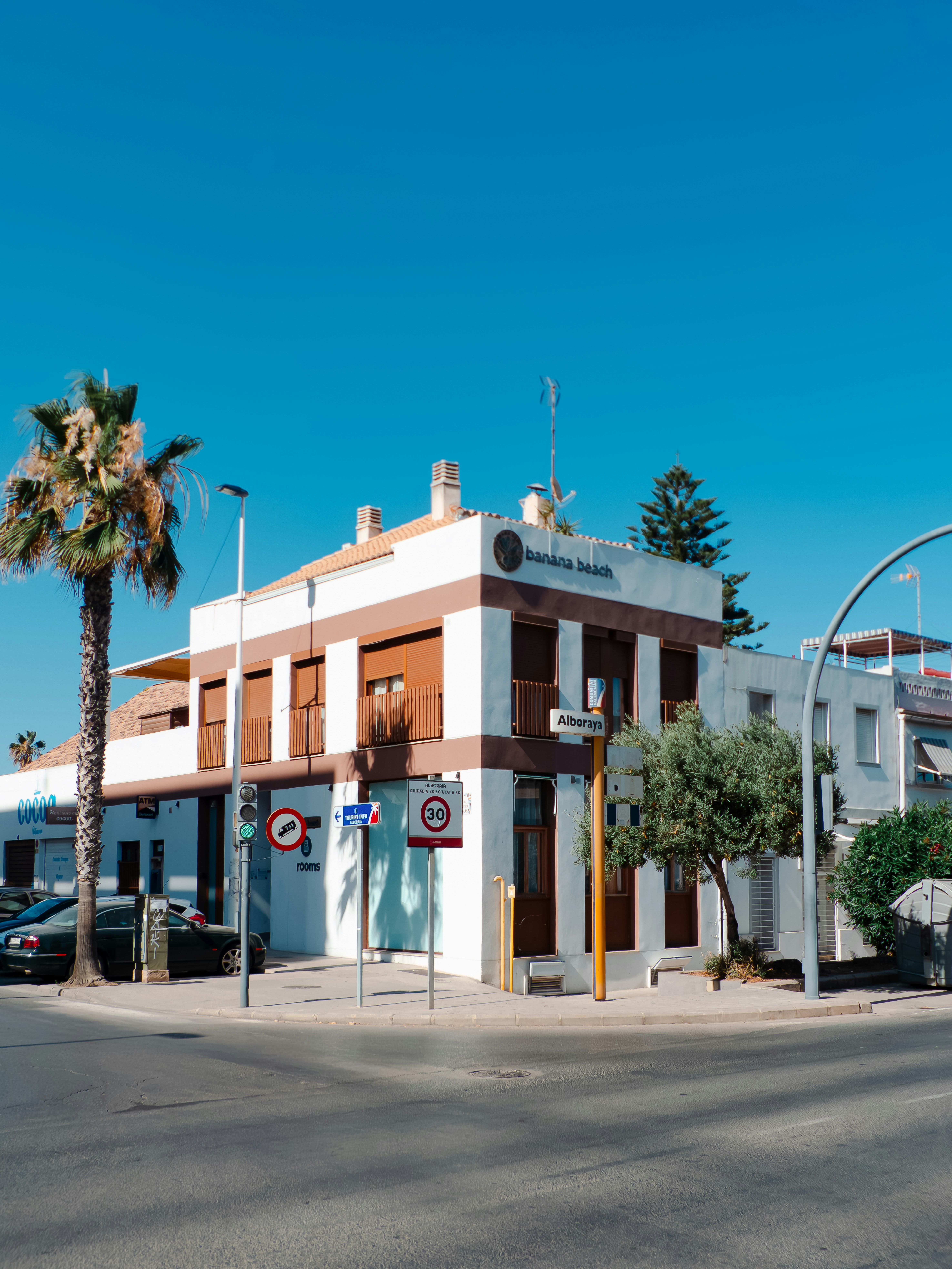 A white building with brown trim and a palm tree on a street corner