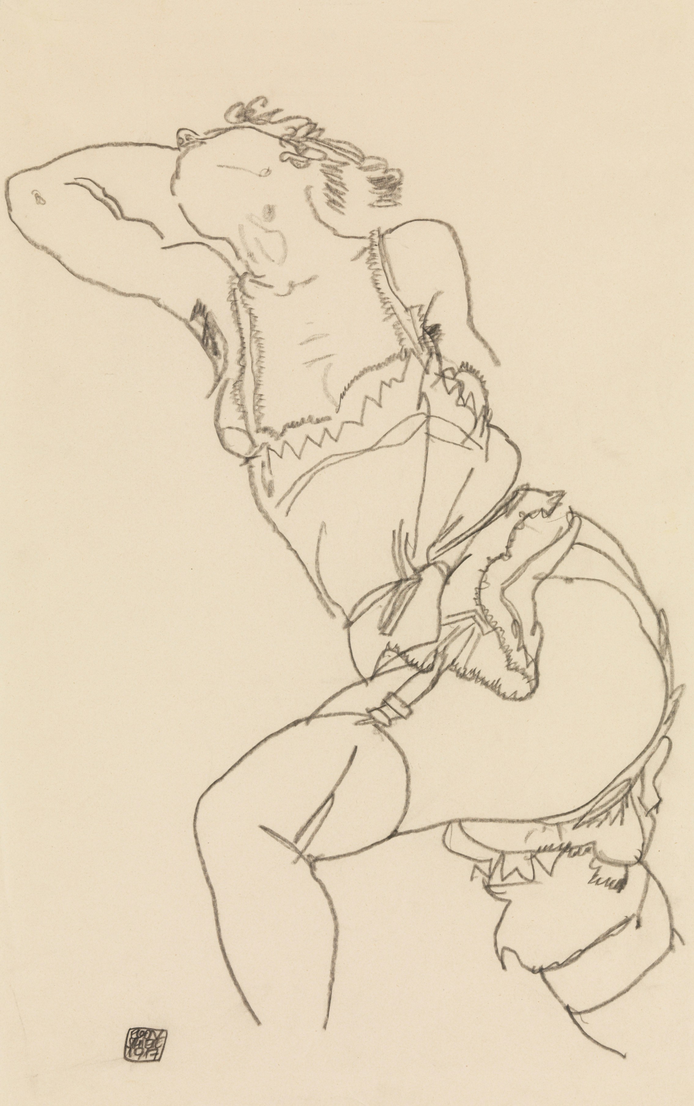 Line drawing of a woman in lingerie with arms raised