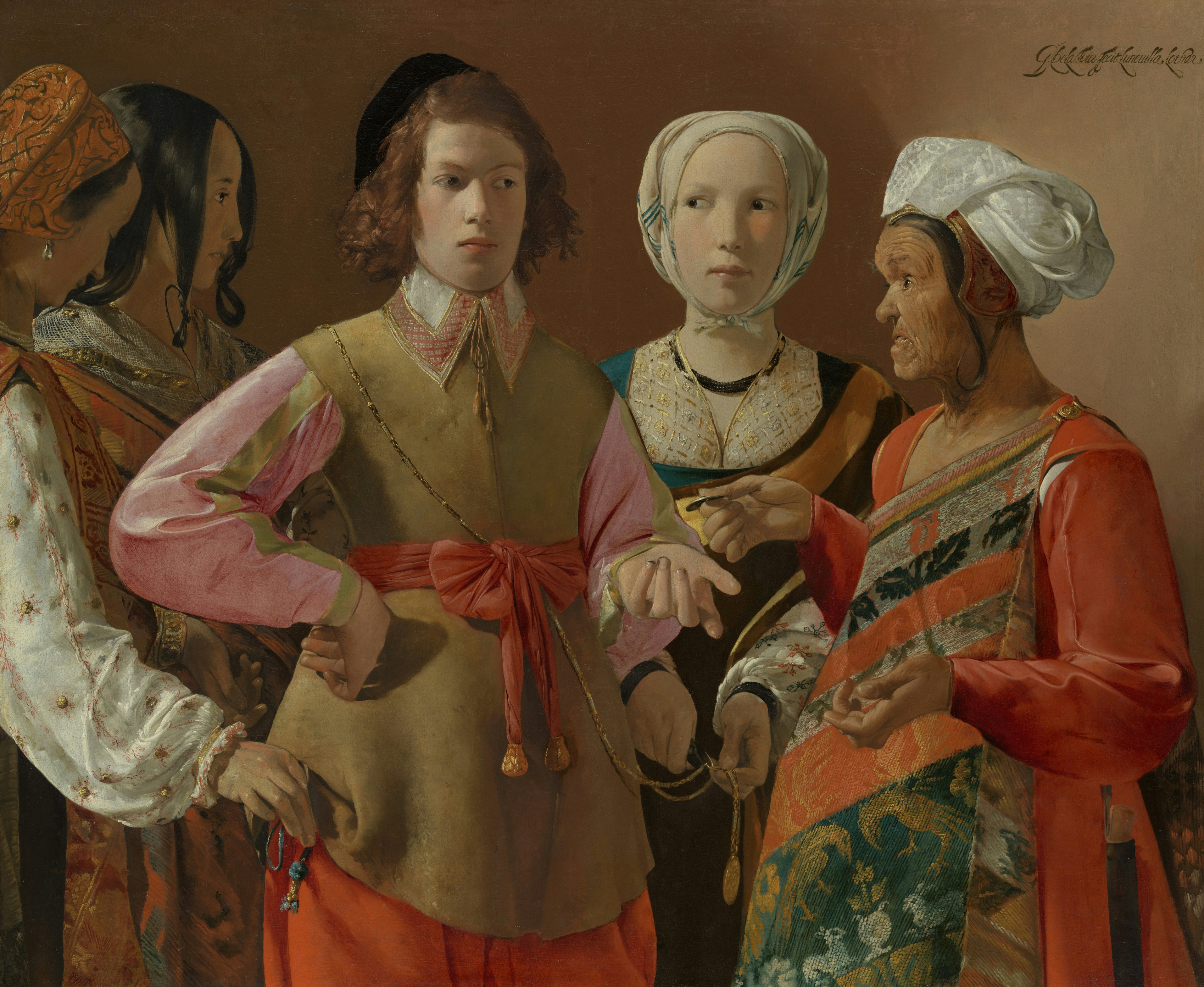 Four people in historical costumes engaging in conversation