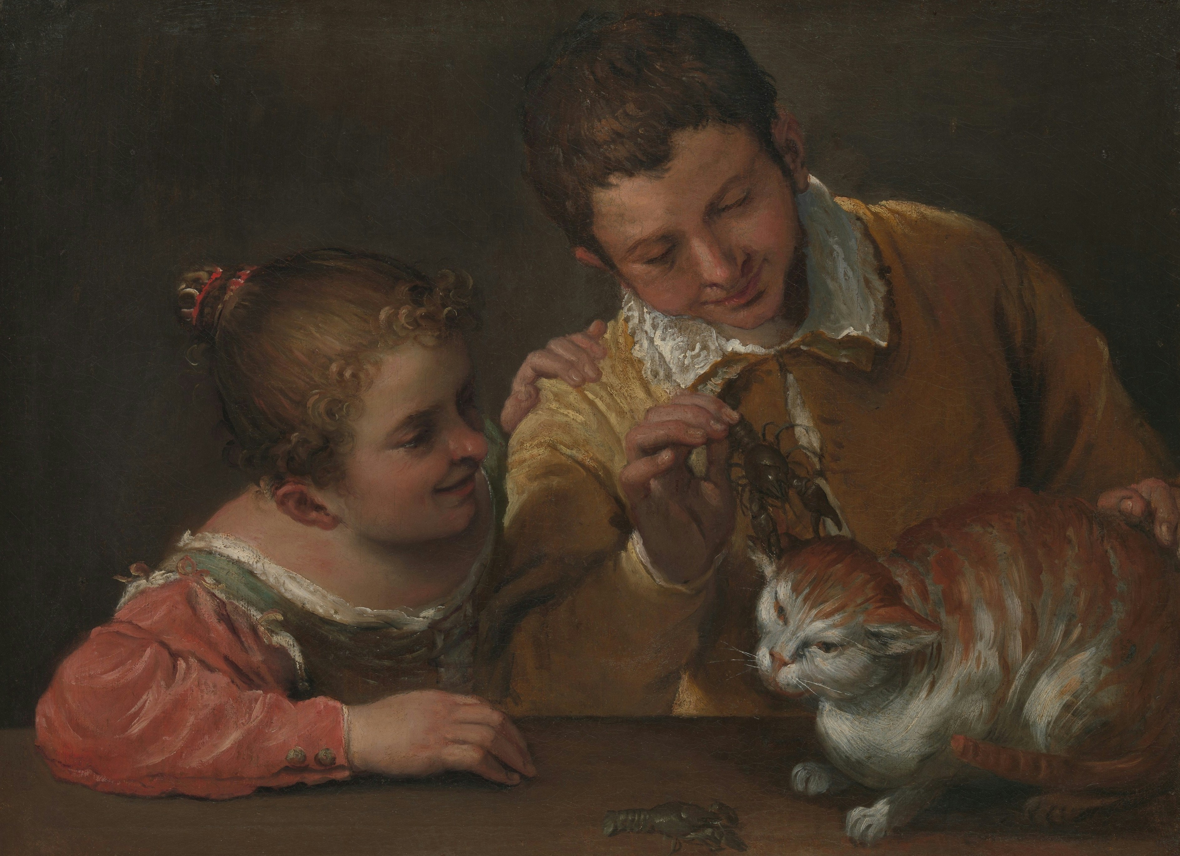 Children and a cat interacting with a small creature