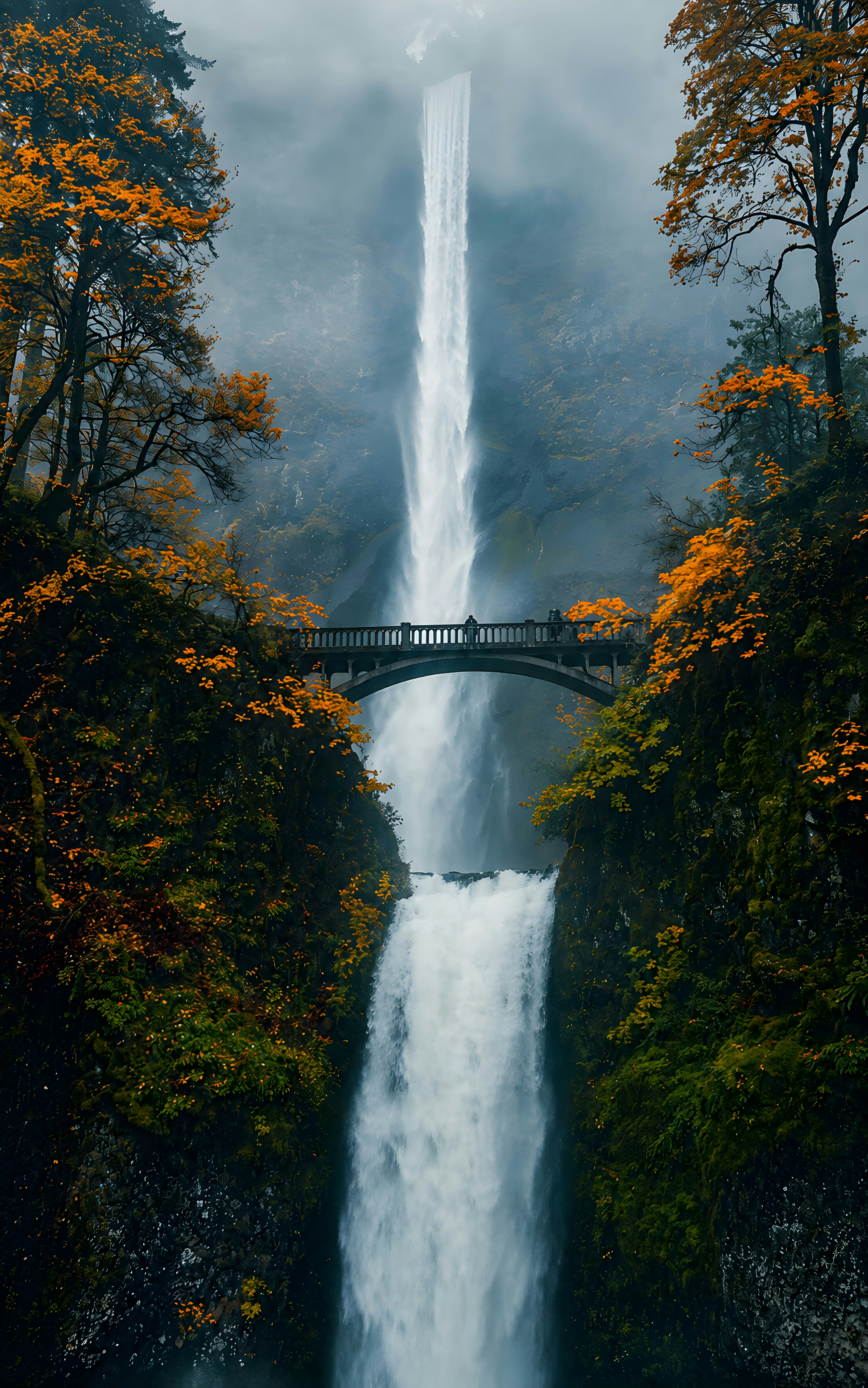 A stone bridge spanning a tall waterfall between cliffs with autumn foliage