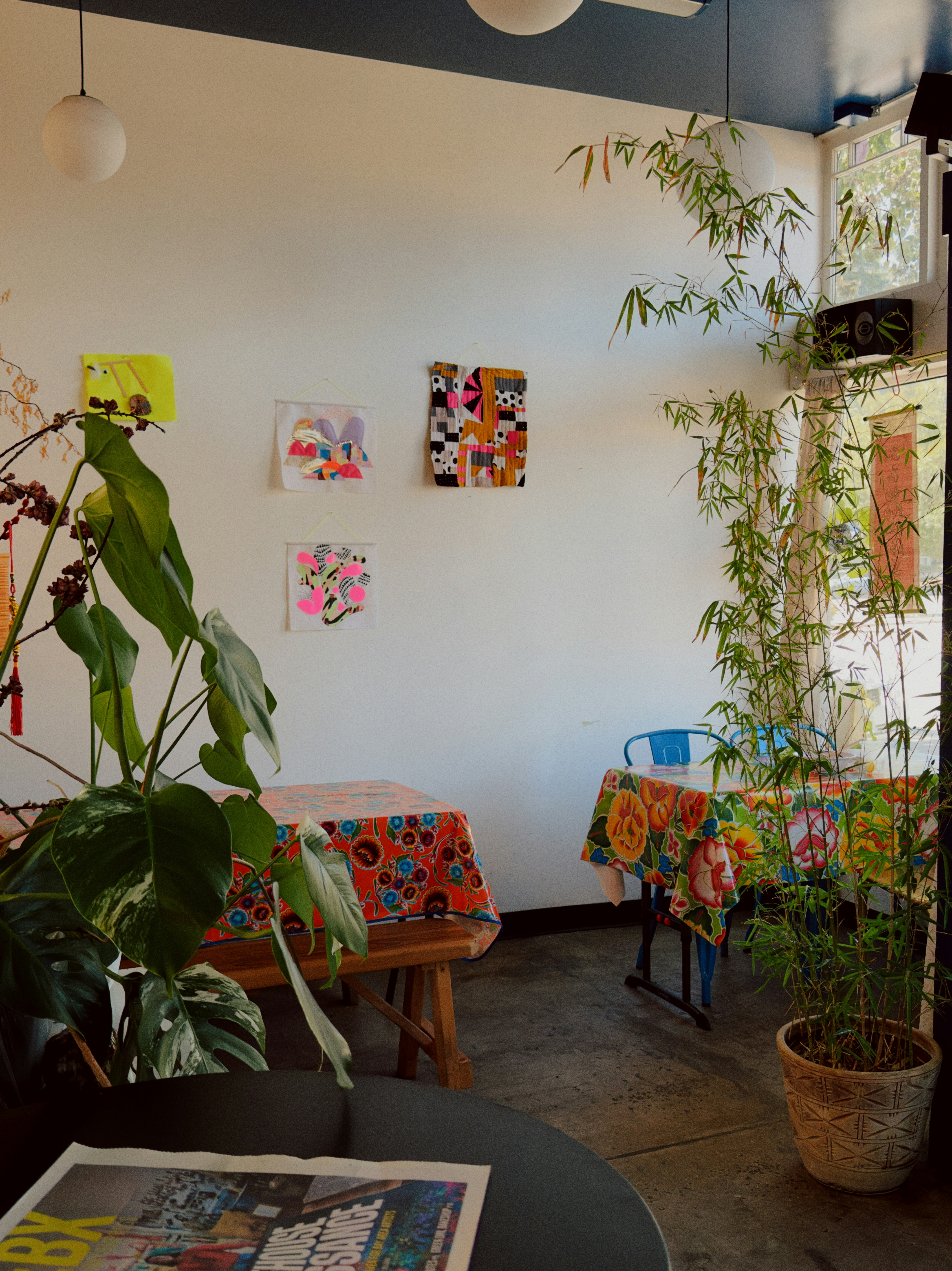 Colorful cafe interior with plants and artwork