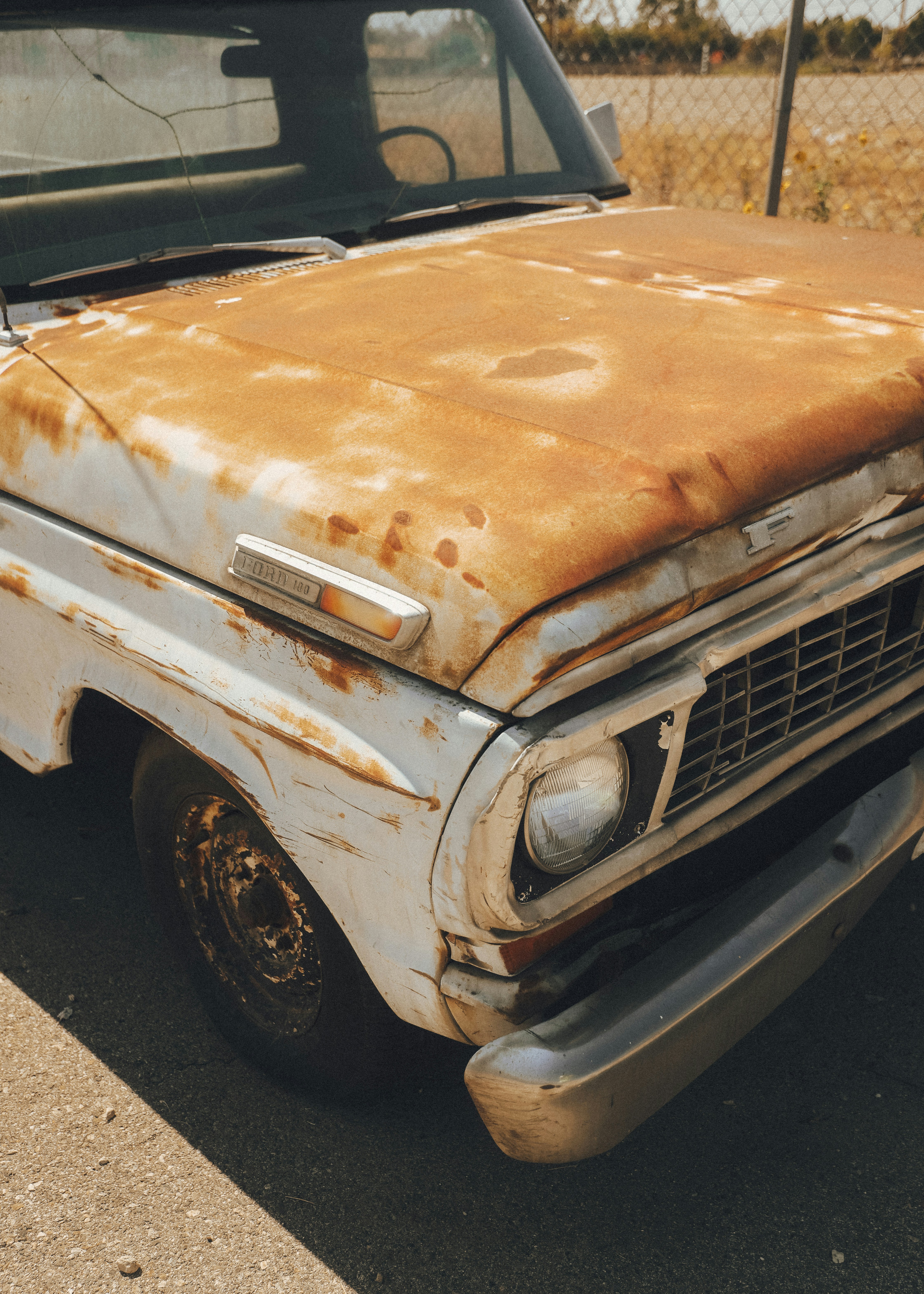 Una vieja camioneta blanca oxidada aparcada al aire libre.