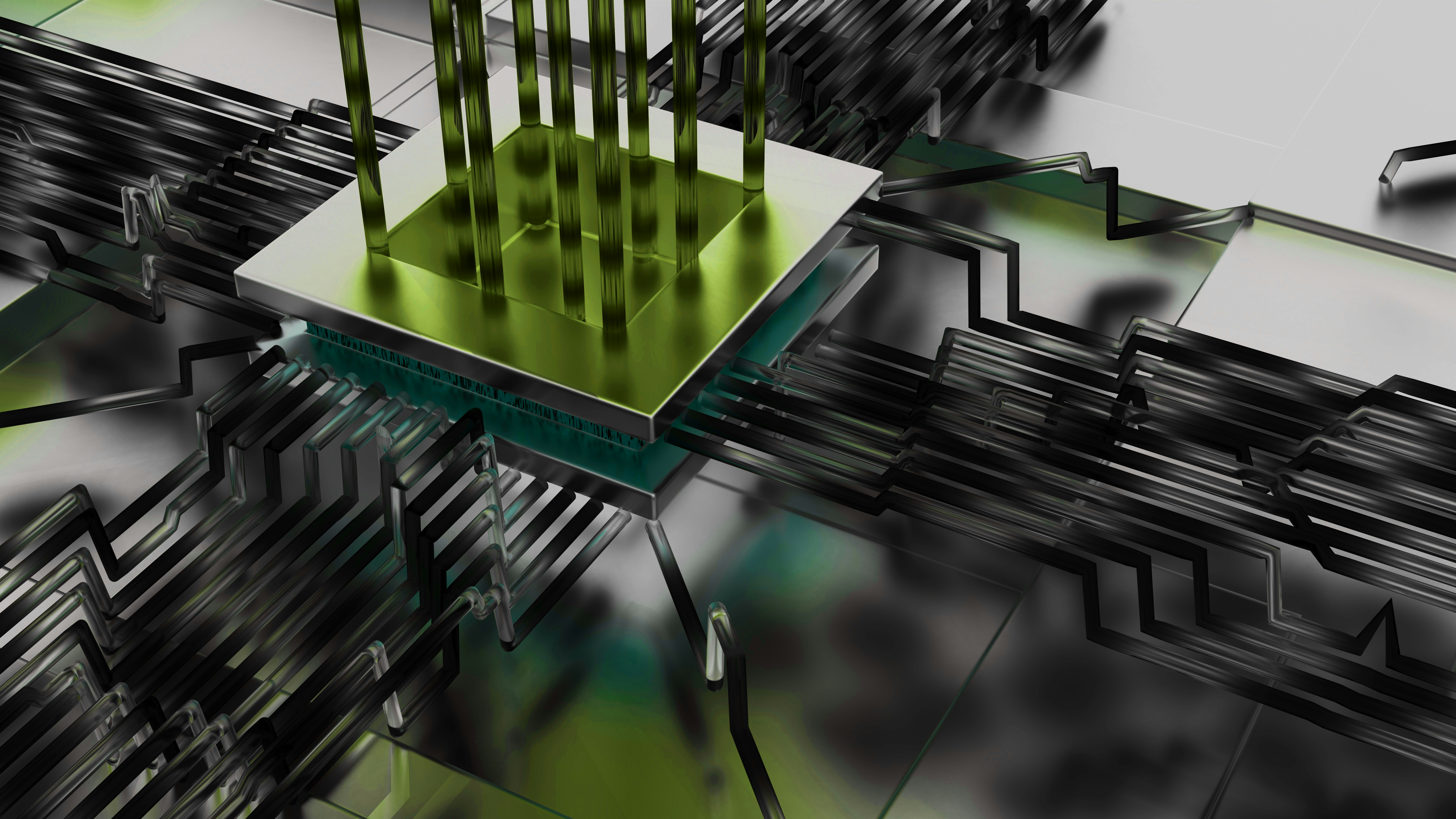 Stylized circuit board with a central chip and golden pins.
