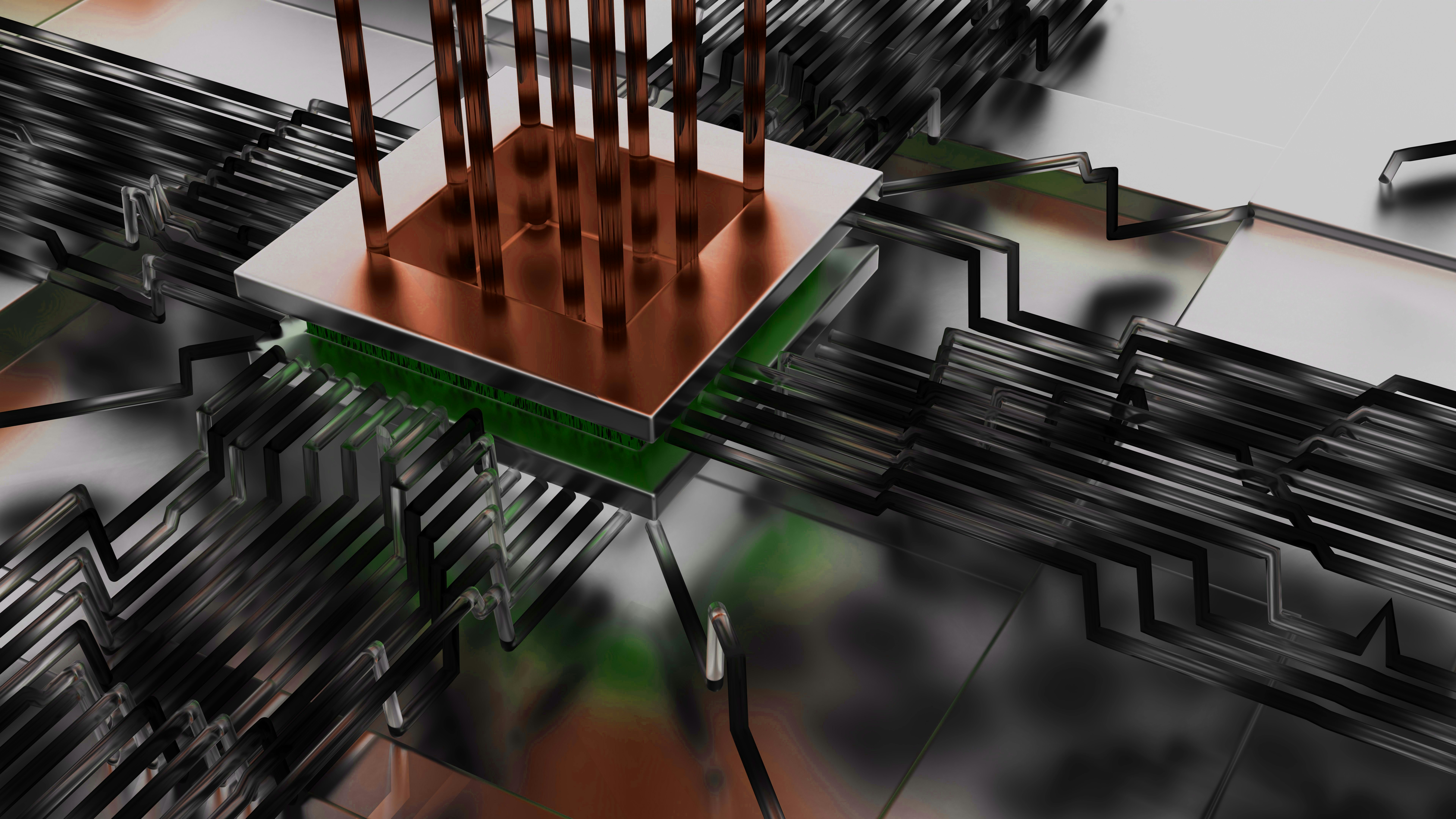 Abstract circuit board with copper pins and metallic pathways.