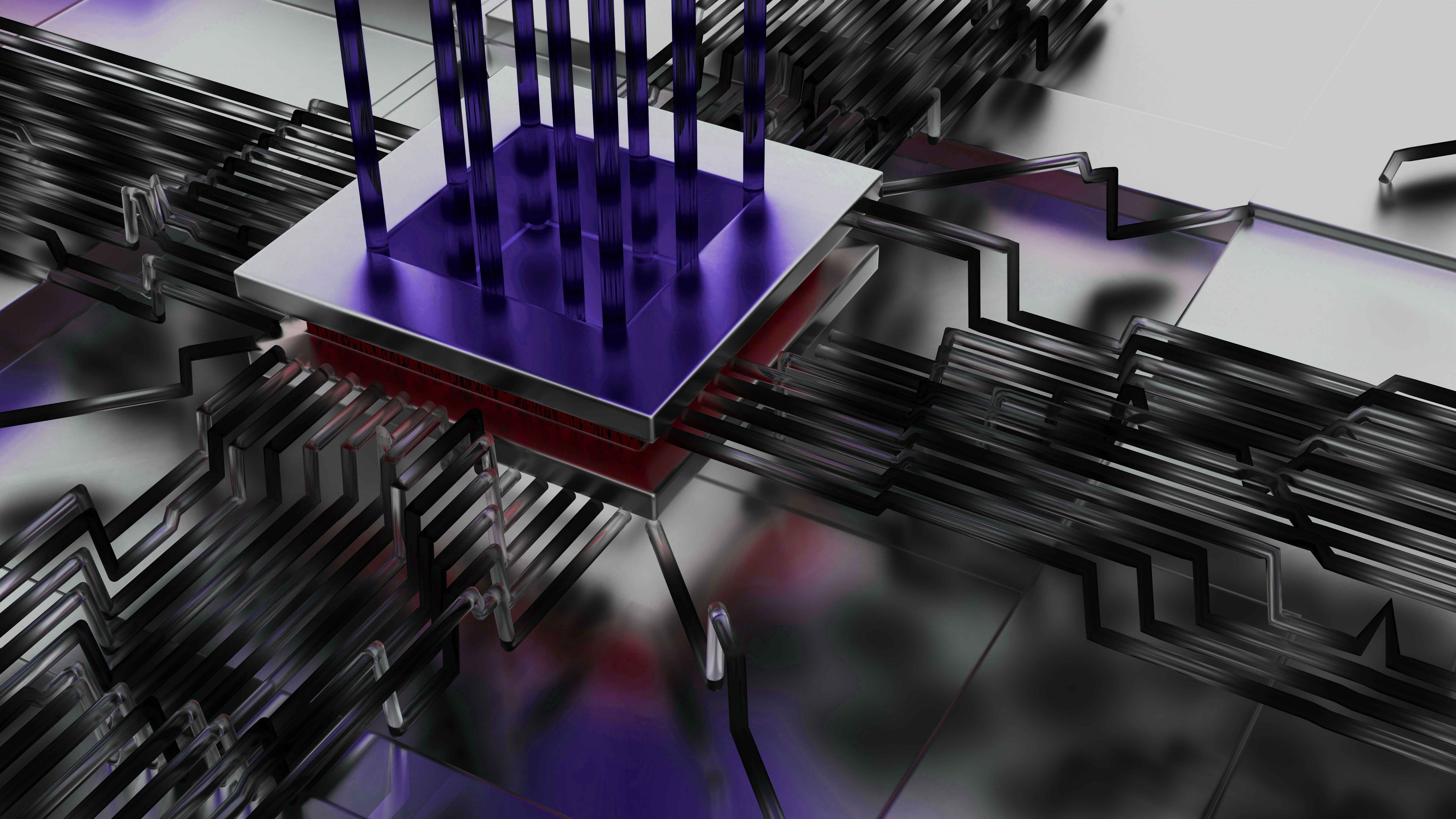 Futuristic microchip with purple pins on a reflective circuit board