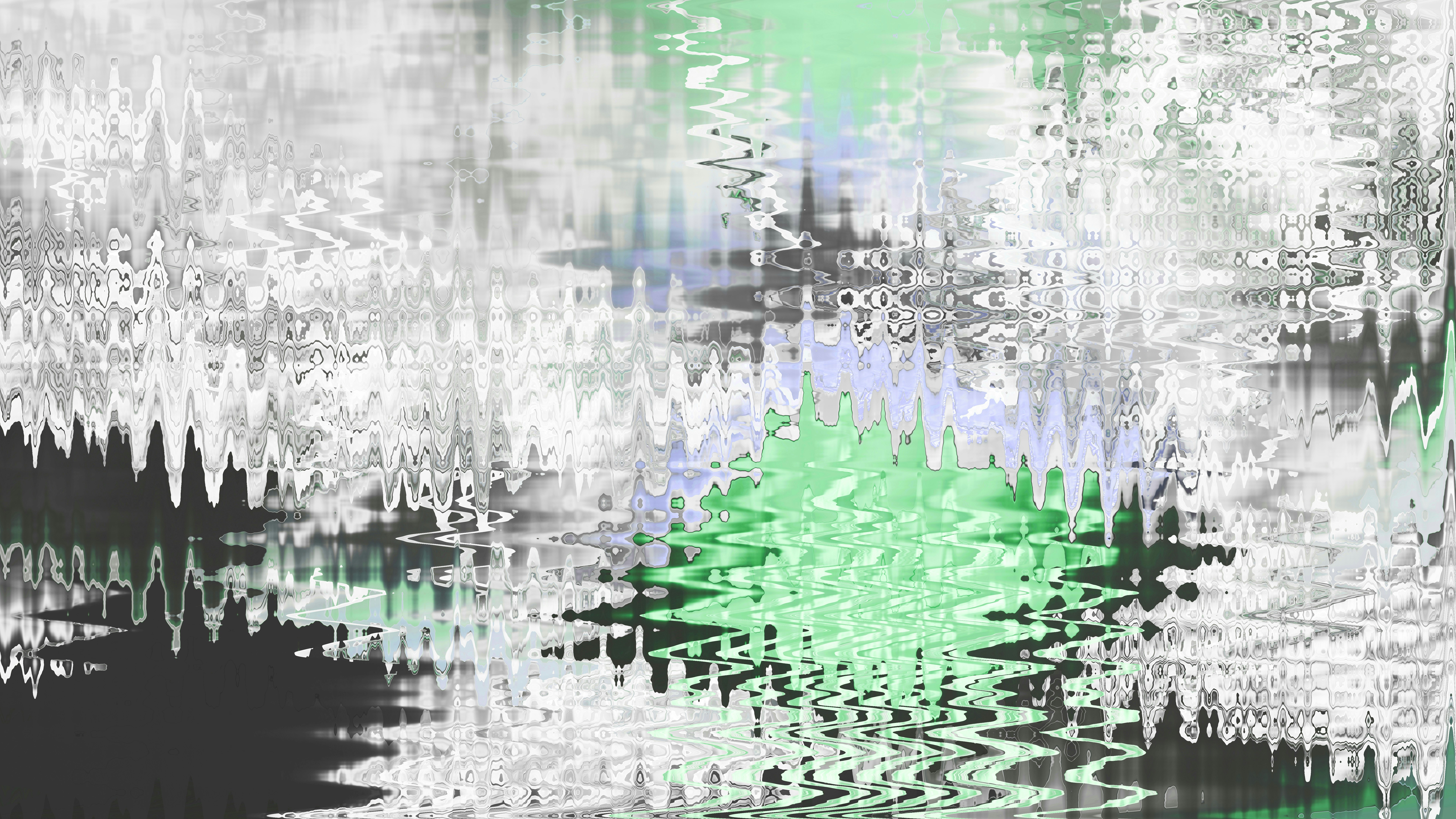 Abstract wavy pattern with green, gray, and white colors.