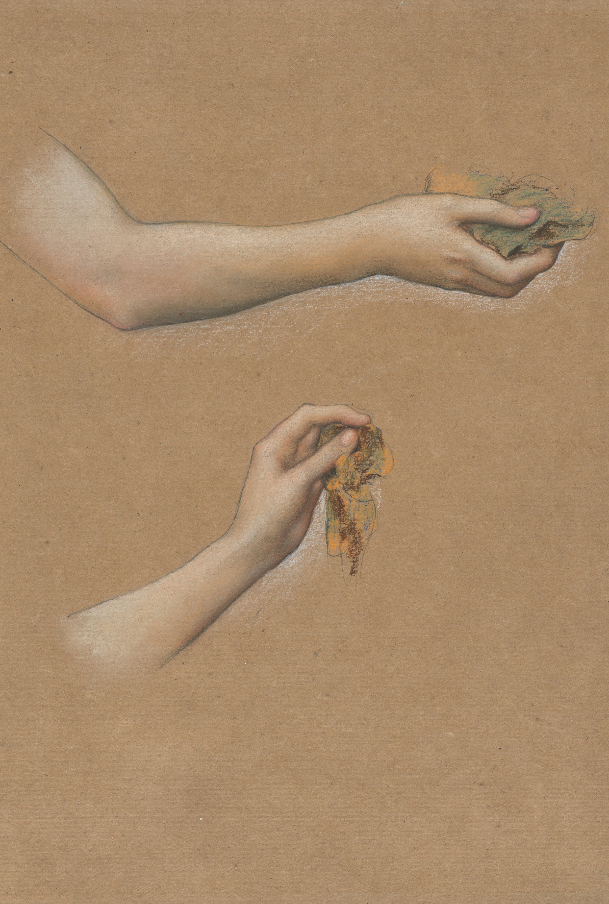 Two hands holding a bird's nest and crumpled fabric