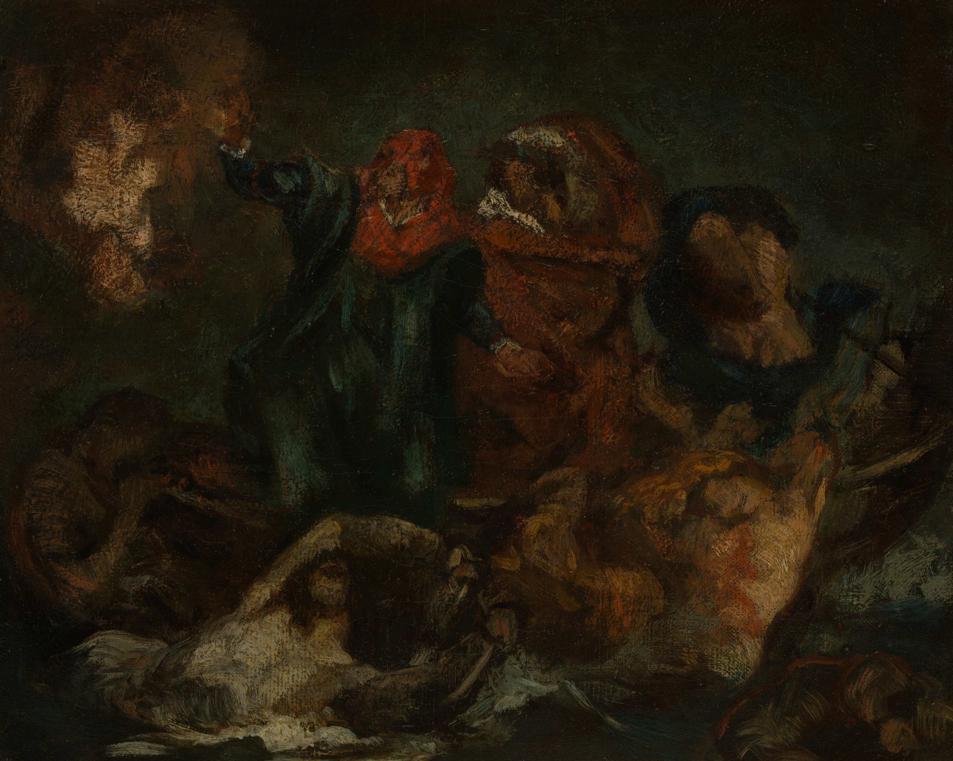 Dark, dramatic painting showing figures in a chaotic struggle