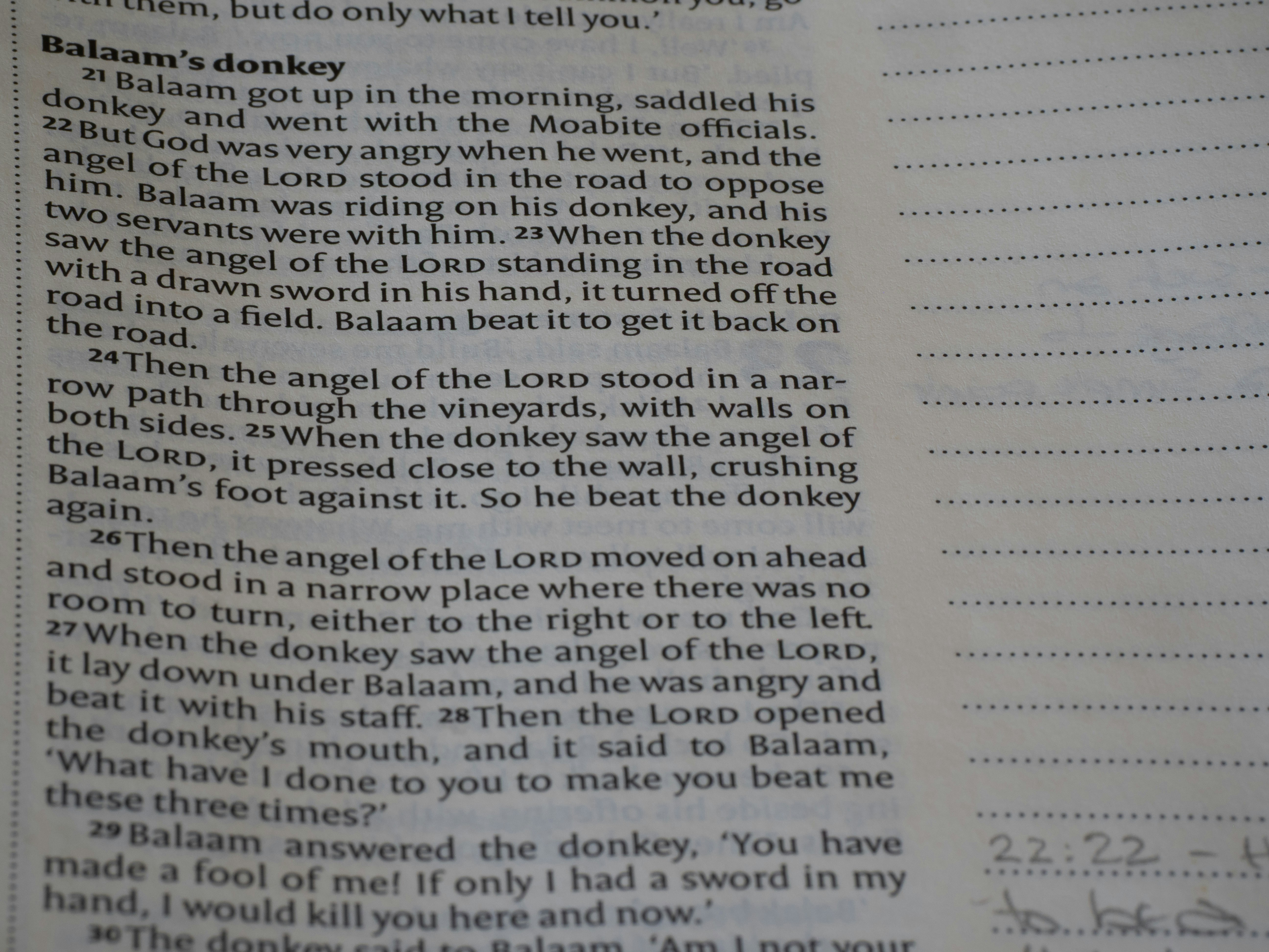 Bible page showing text about balaam's donkey with handwritten notes.
