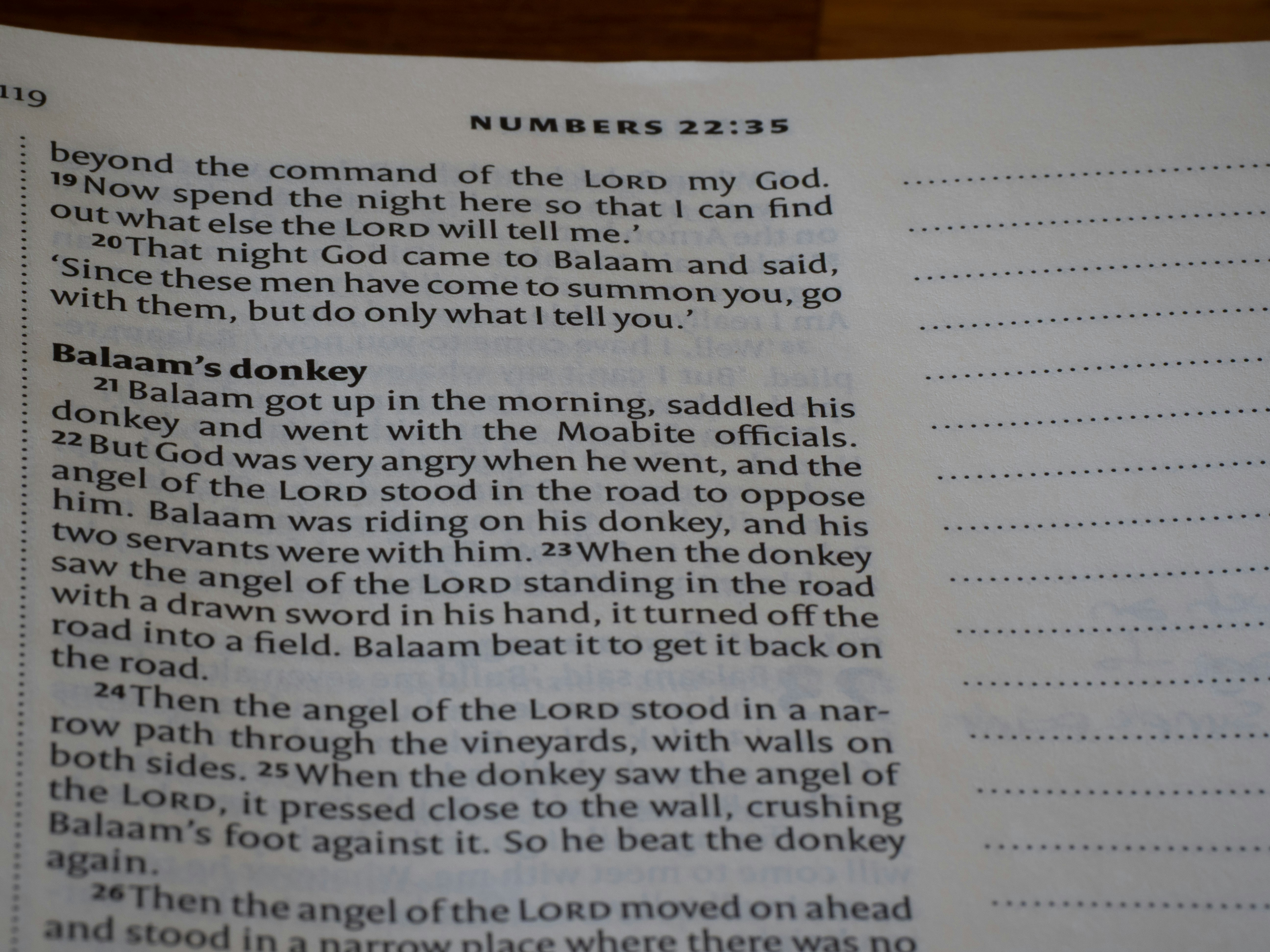 An open bible page displaying the story of balaam's donkey.