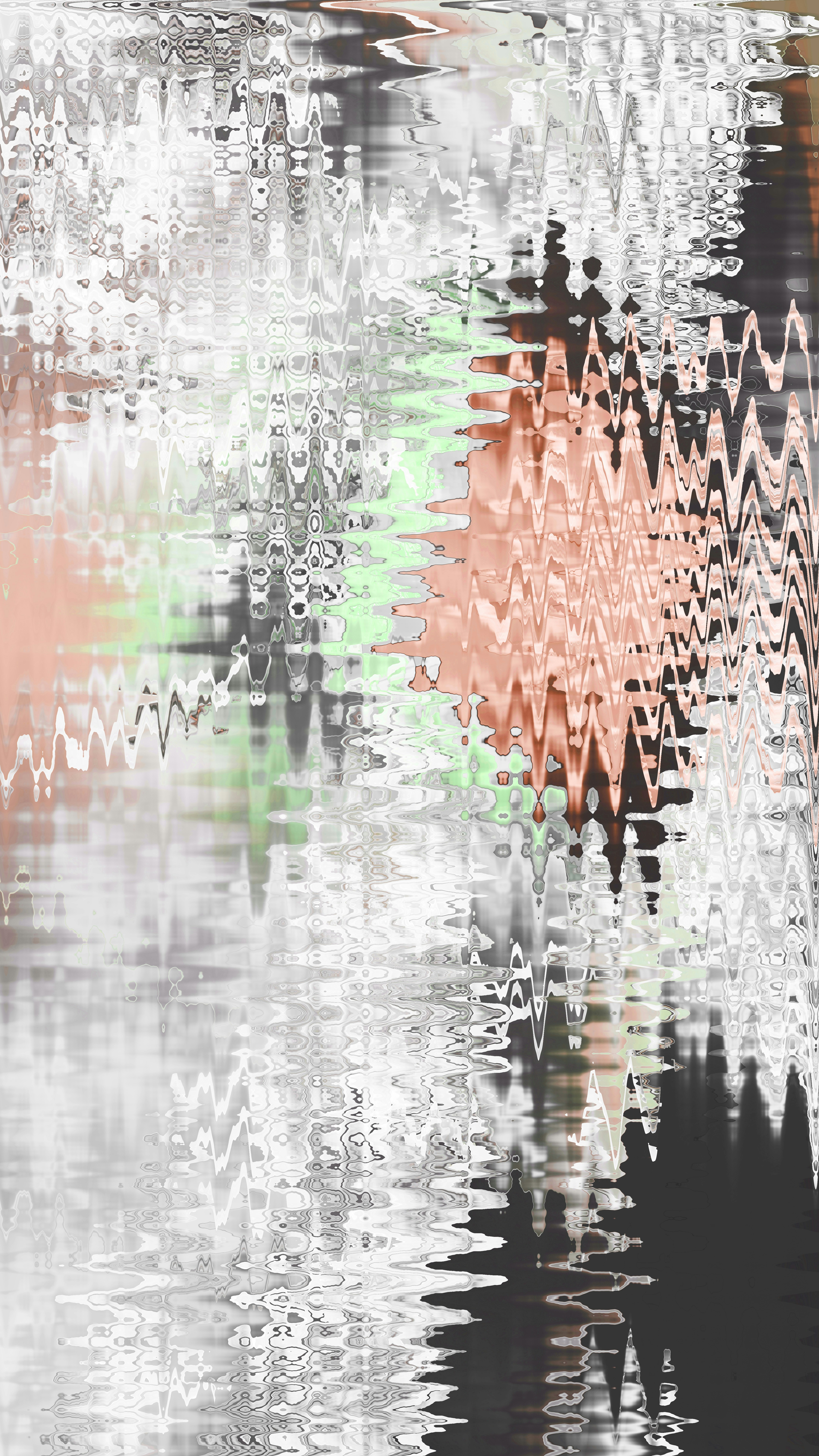 Distorted abstract background with wavy white, peach, and green lines.
