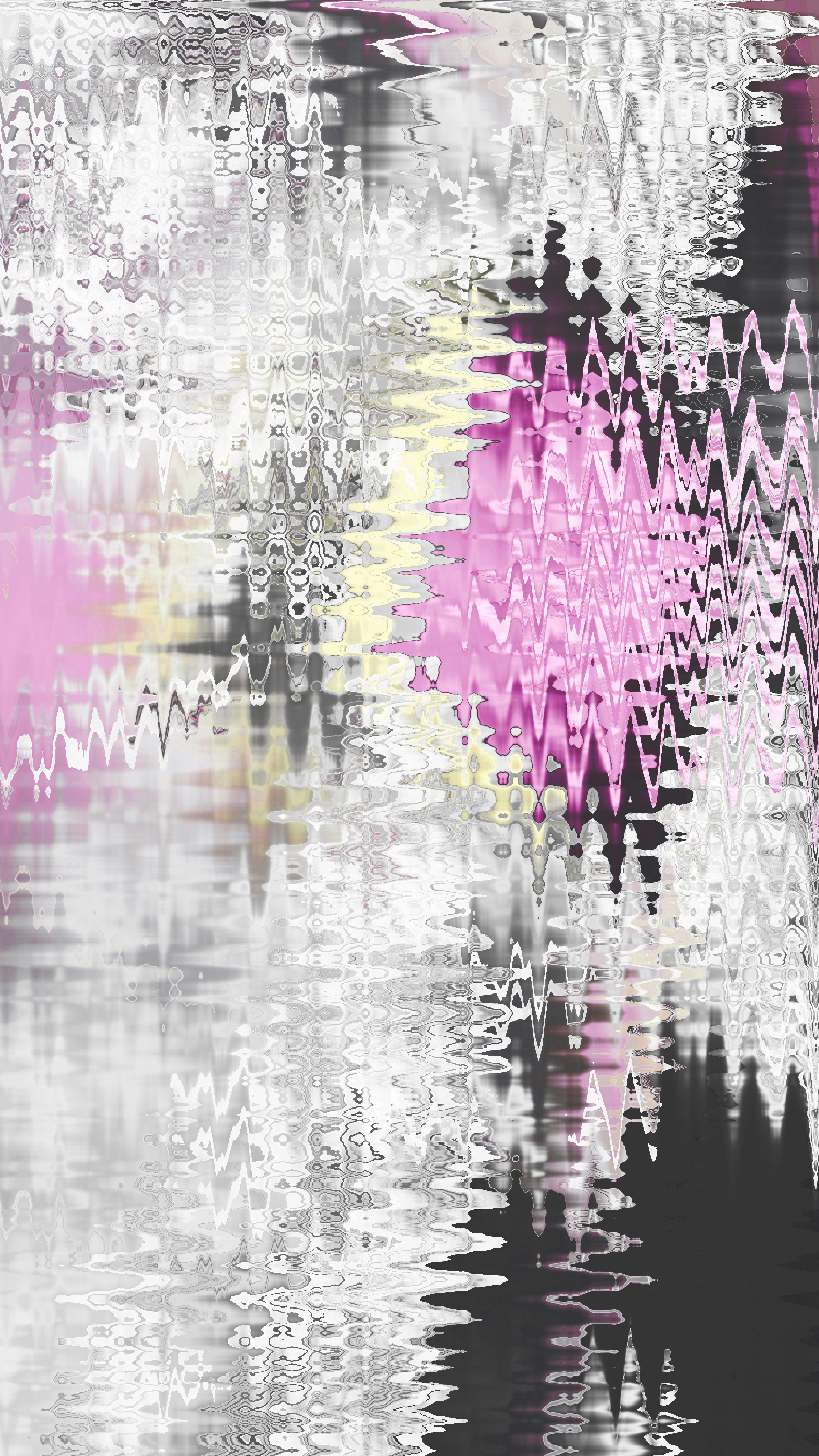 Wavy abstract pattern in pink, yellow, white, and black.