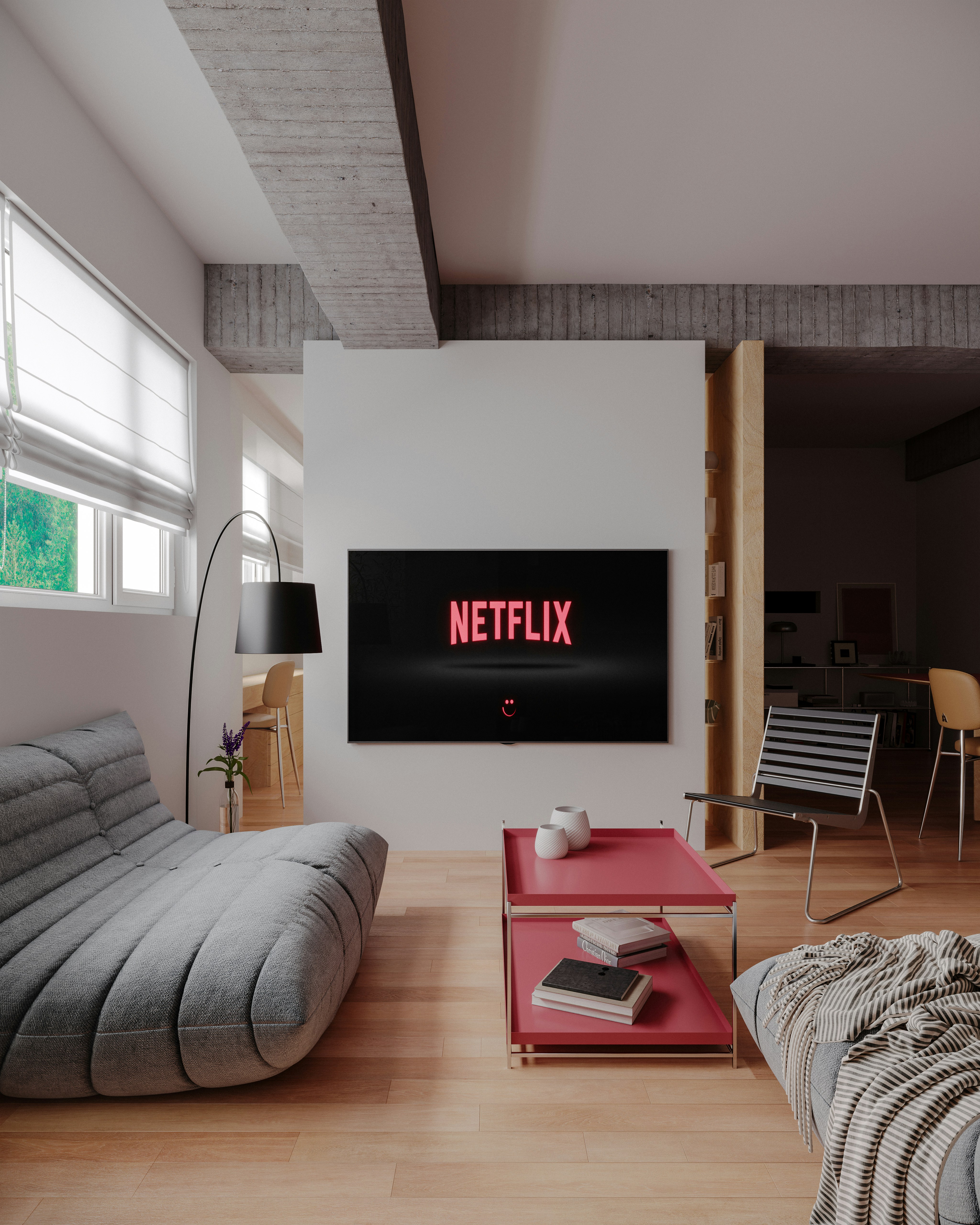 Modern living room with netflix on a large tv.