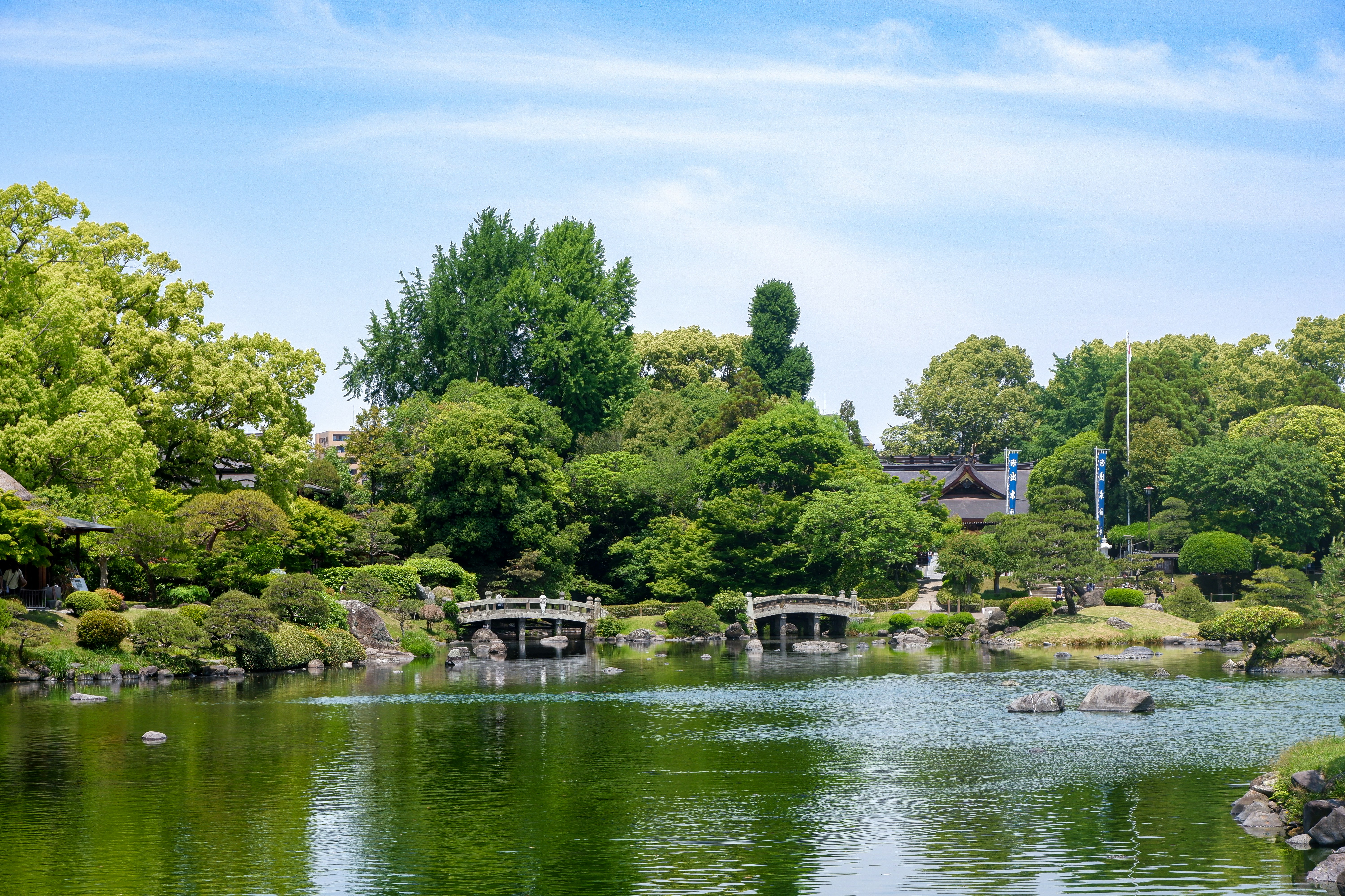 Two stone arched bridges over a pond in a lush Japanese garden