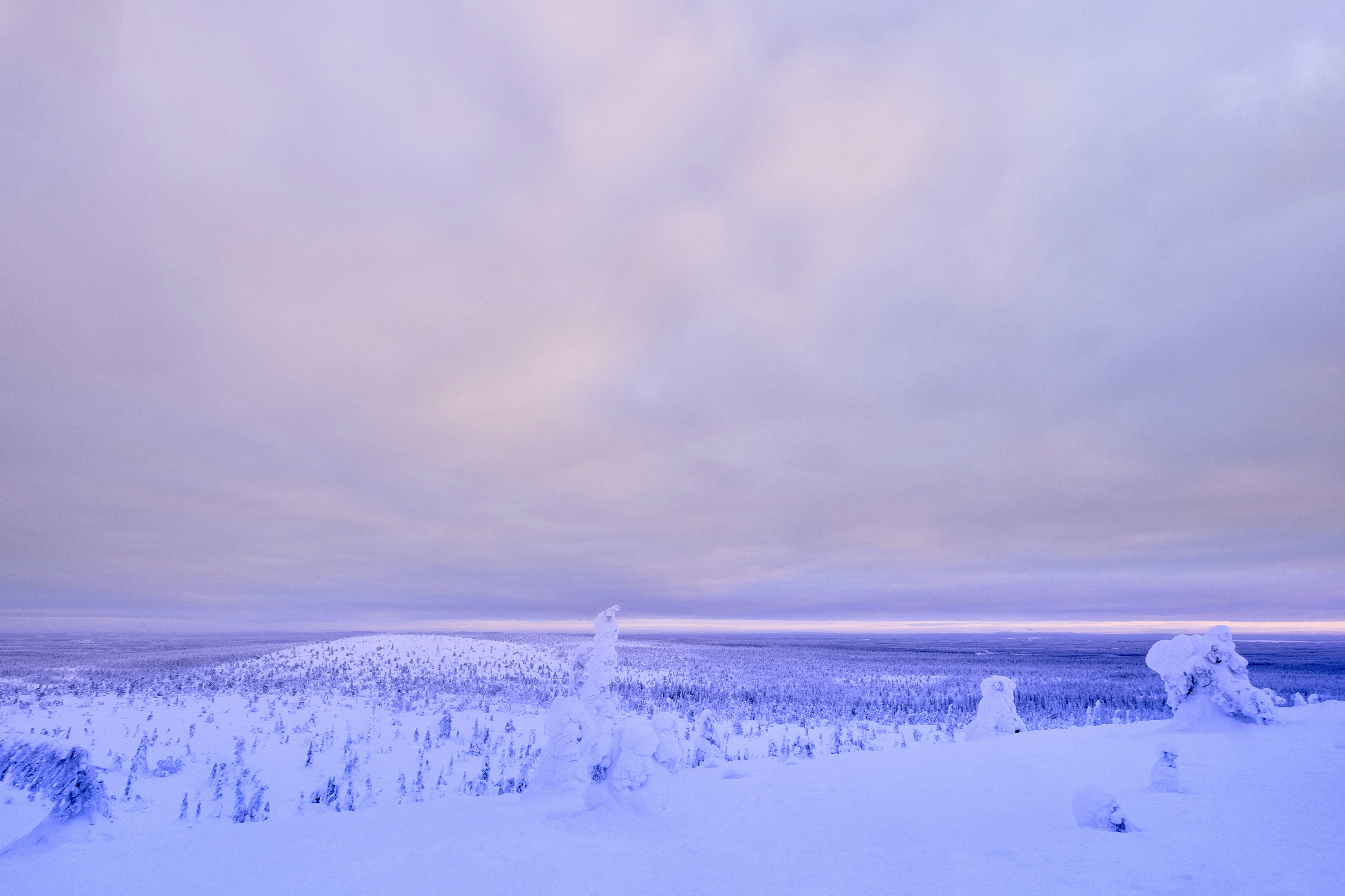 A vast snowy landscape under a purple and pink sky.