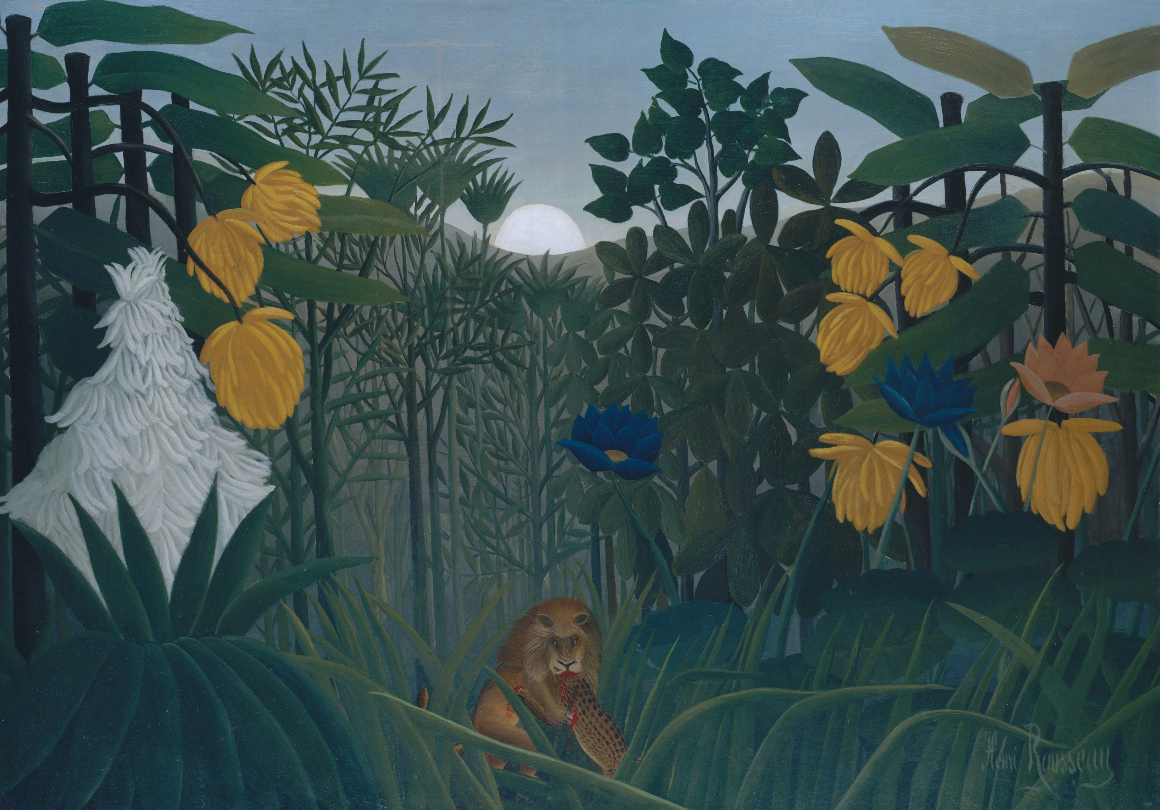 A lion in a lush jungle under a moonlit sky.