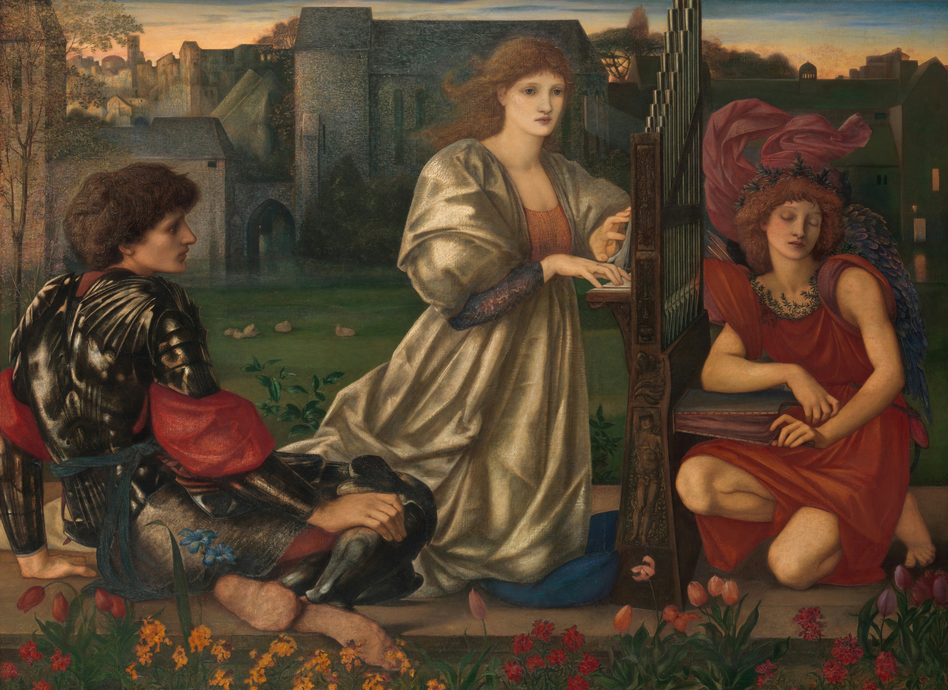 A woman playing a portable organ beside a knight and a winged figure.
