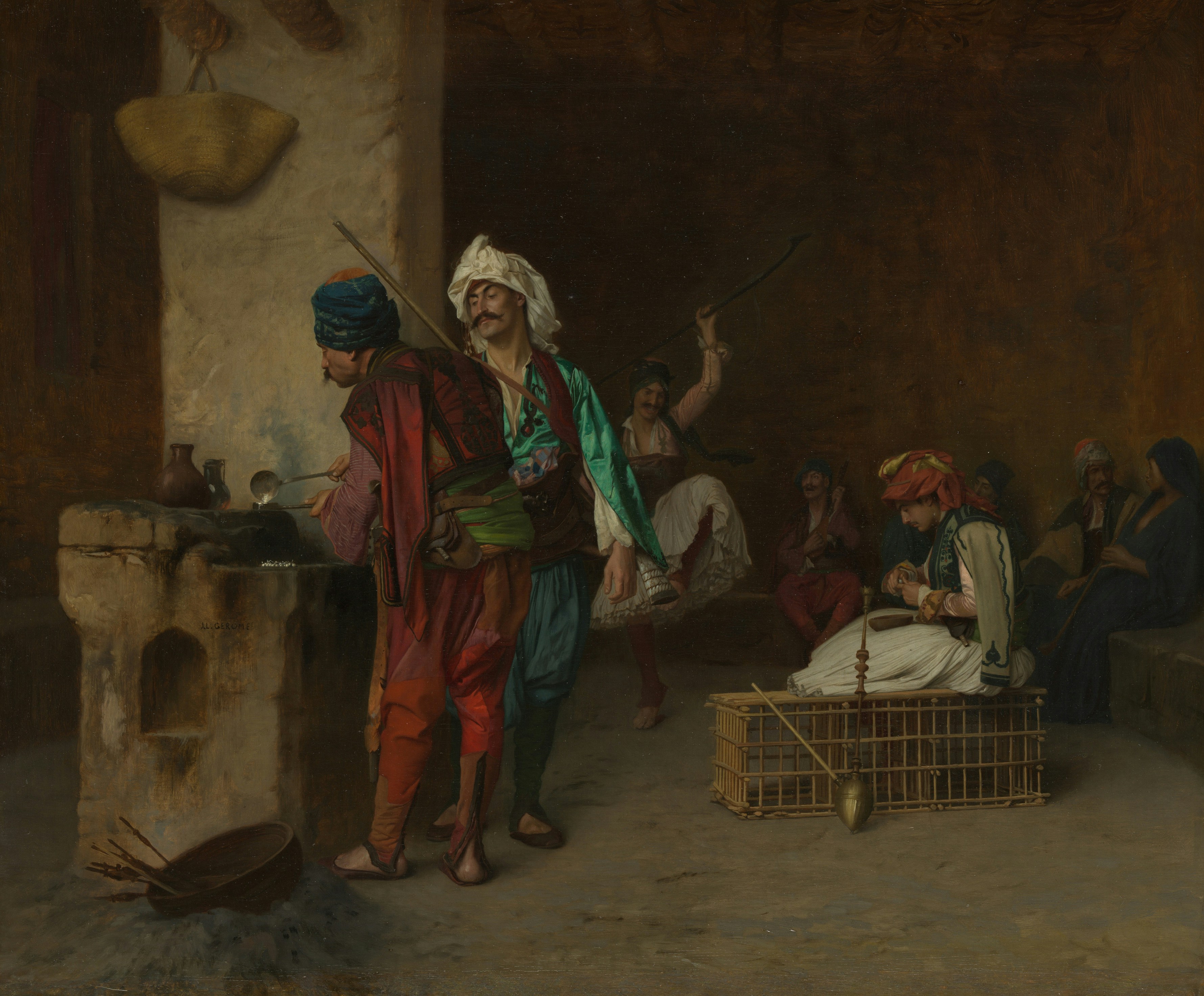 People in traditional clothing gathered in a dimly lit room with a stone hearth.