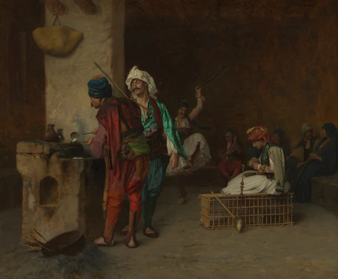 People in traditional clothing gathered in a dimly lit room with a stone hearth