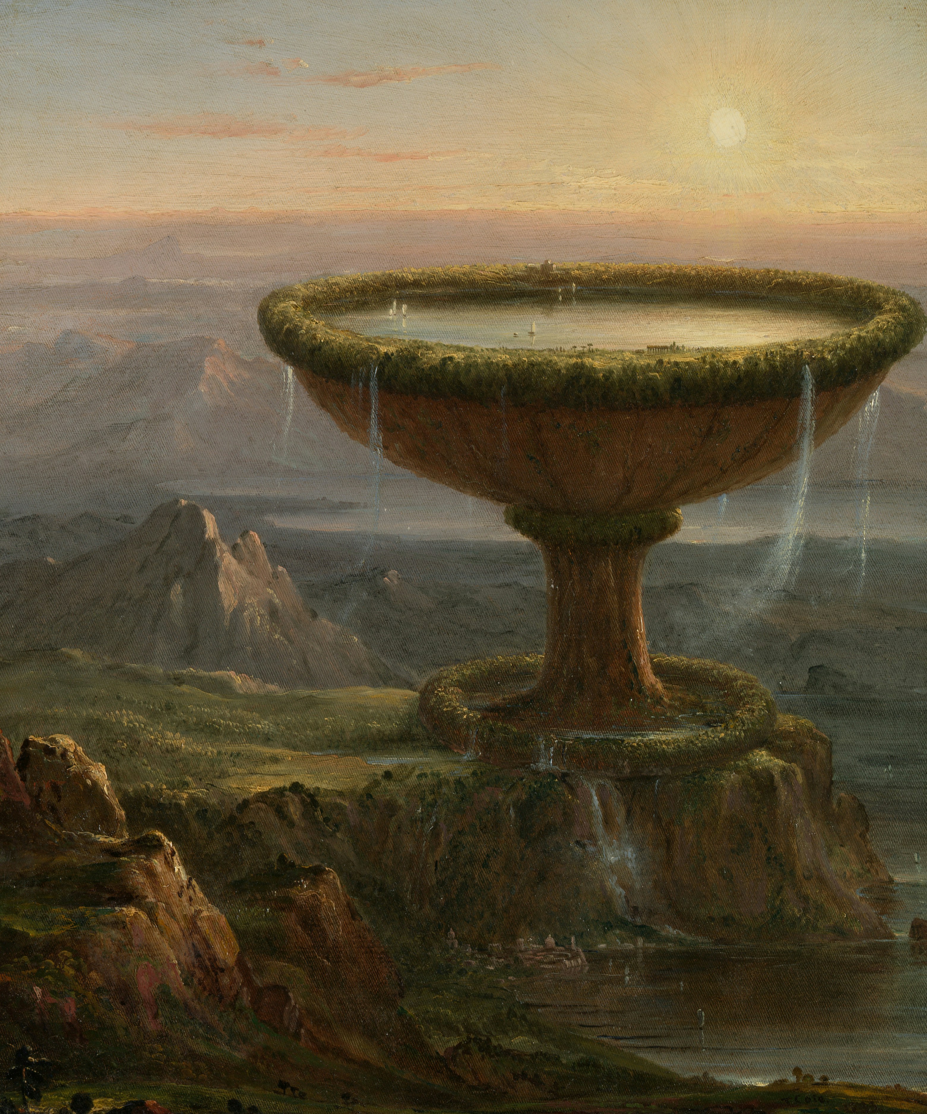 A giant stone basin filled with water on a cliff above a landscape.