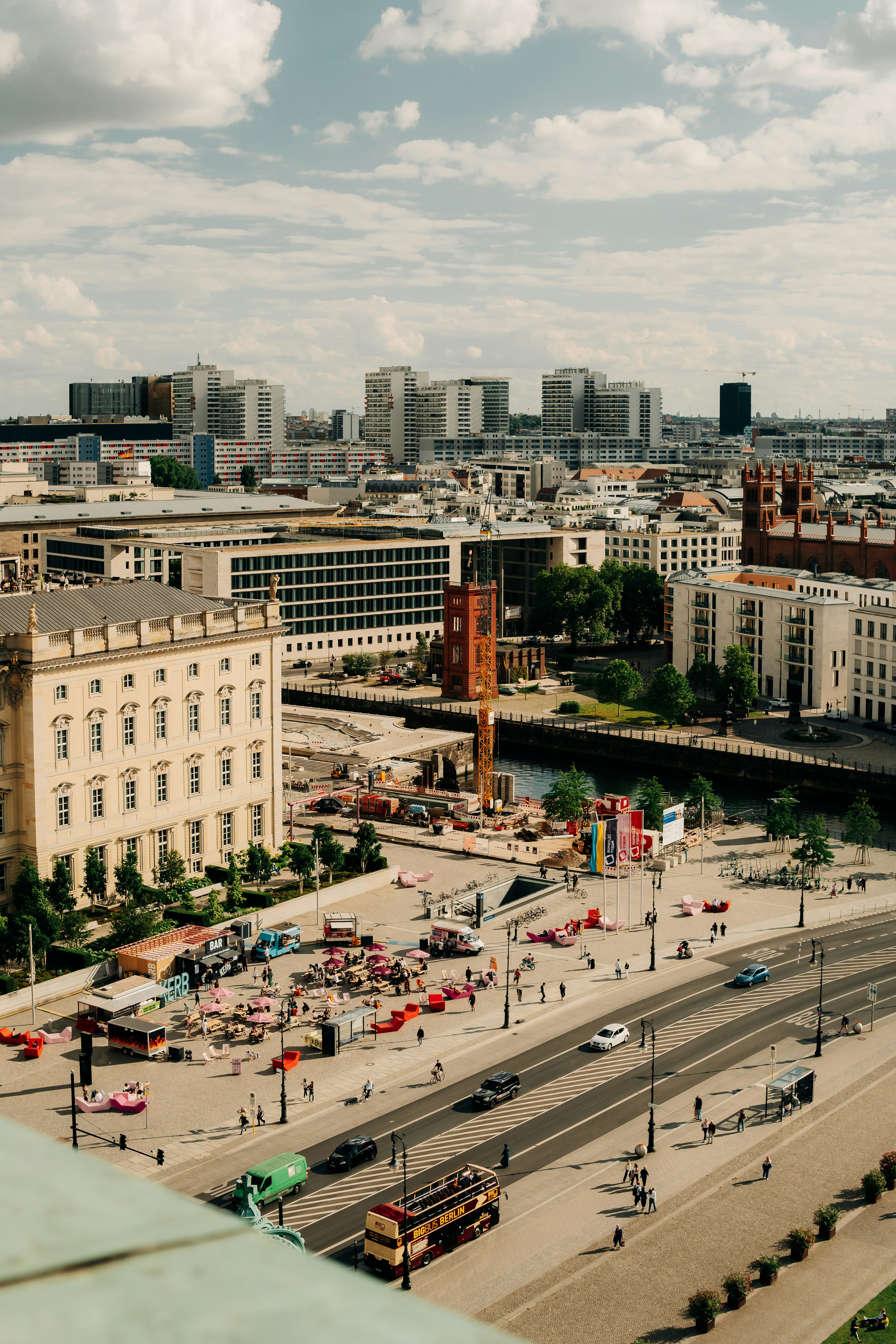An aerial view of the Spree river and urban cityscape in Berlin, Germany