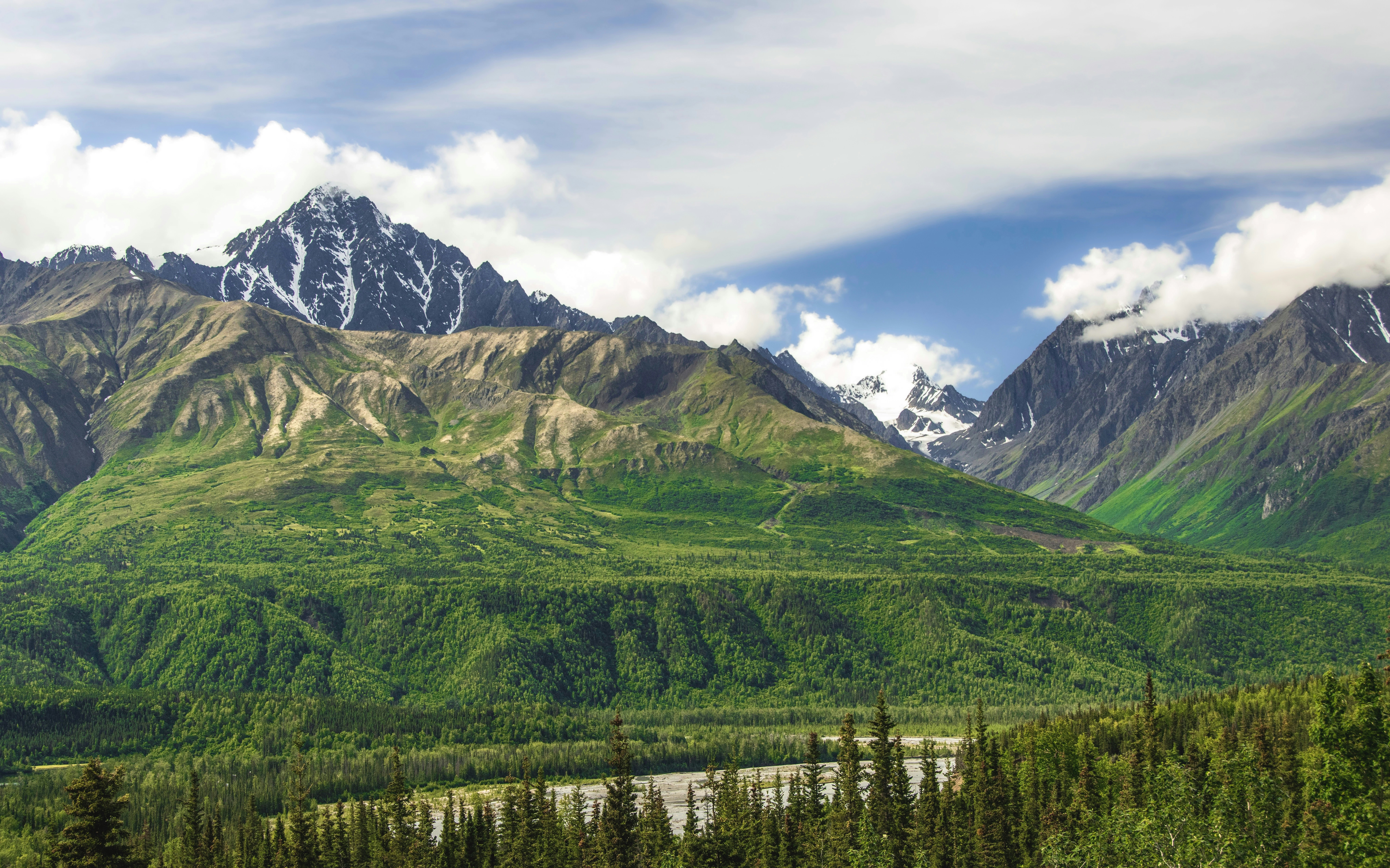 Snow-capped mountain peaks above a lush green valley and a river