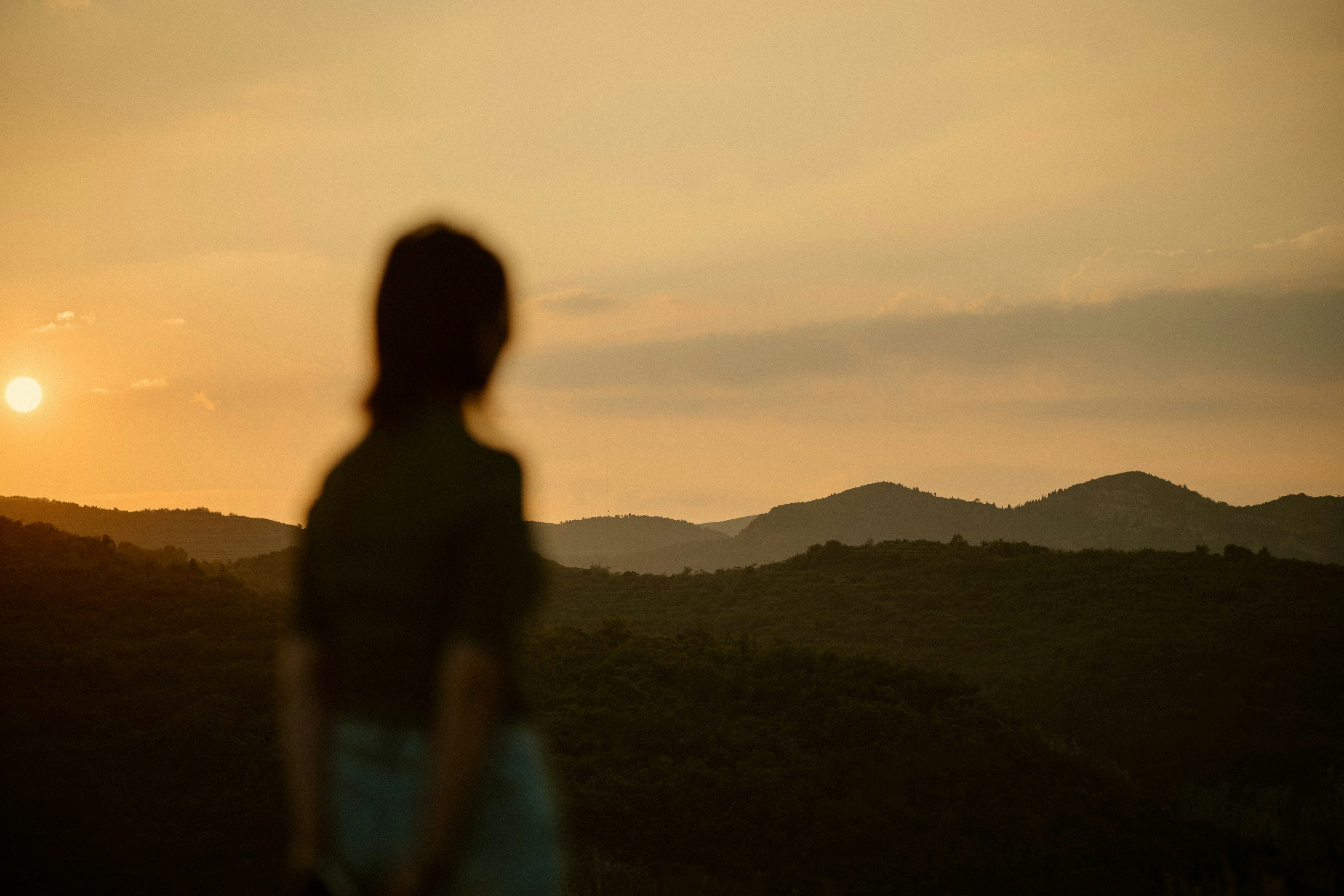 A person in silhouette against a warm orange sky and distant rolling hills.