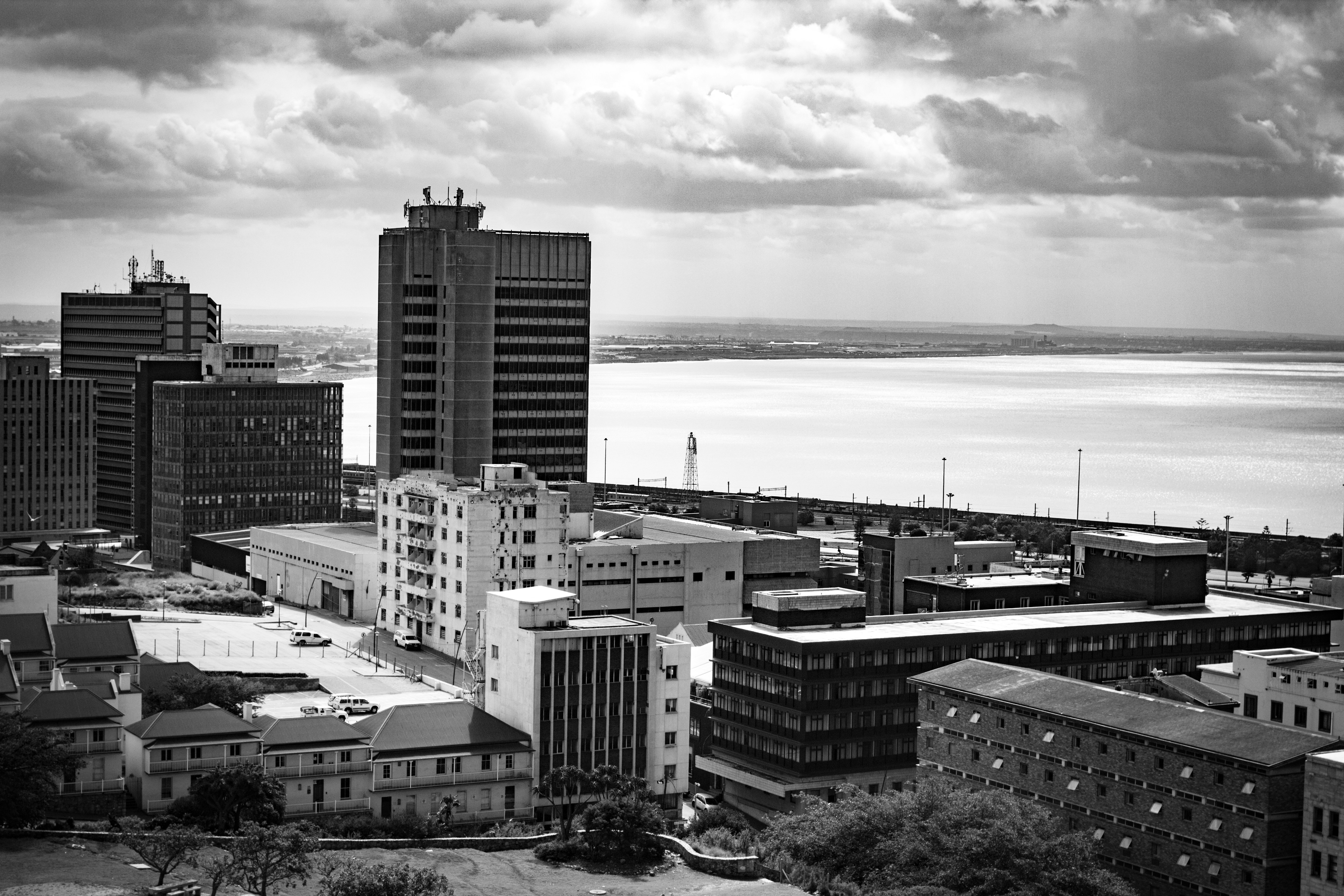 A black and white cityscape with tall office buildings overlooking a large bay