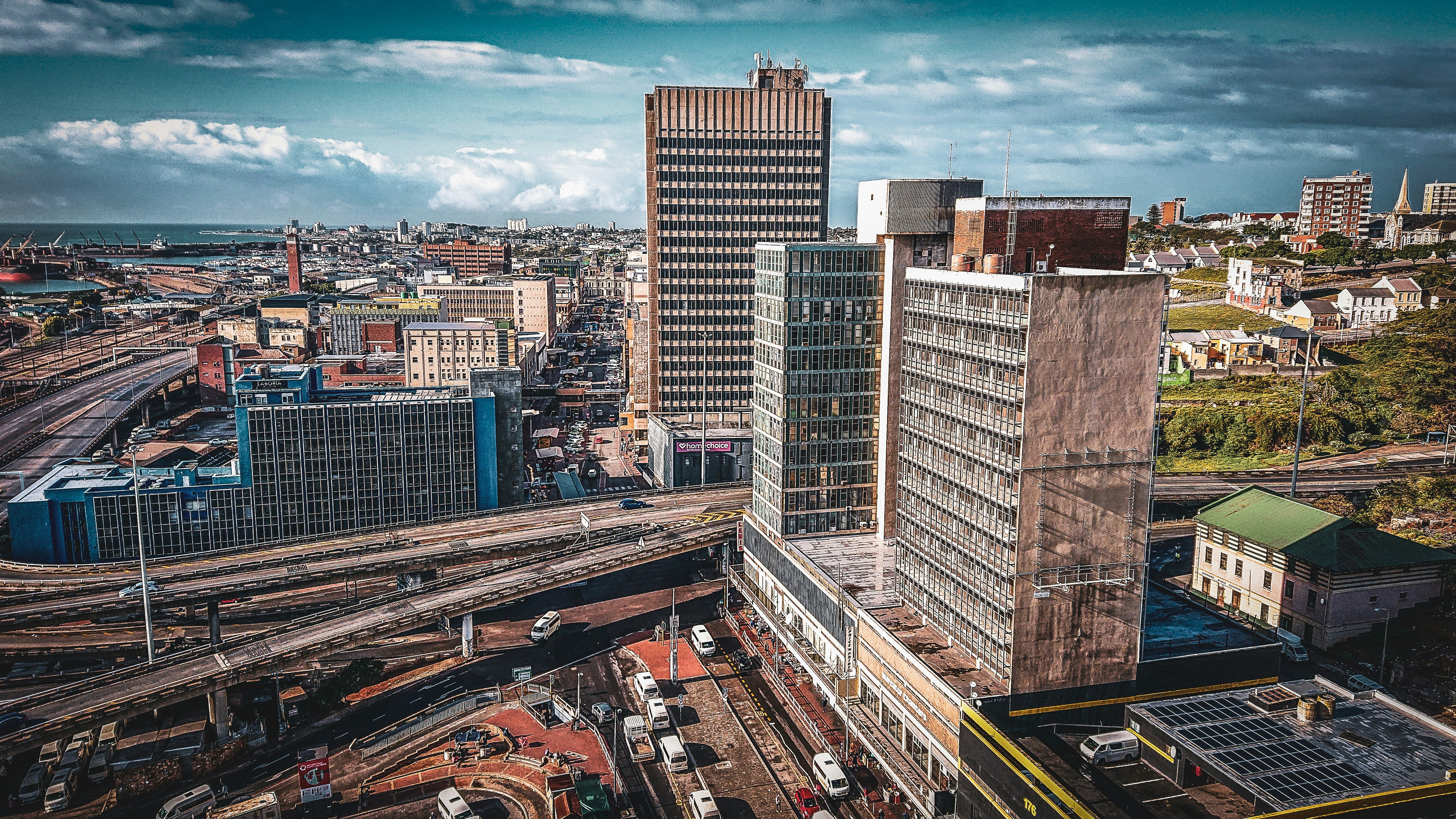 An aerial view of high-rise buildings and highway overpasses in Port Elizabeth