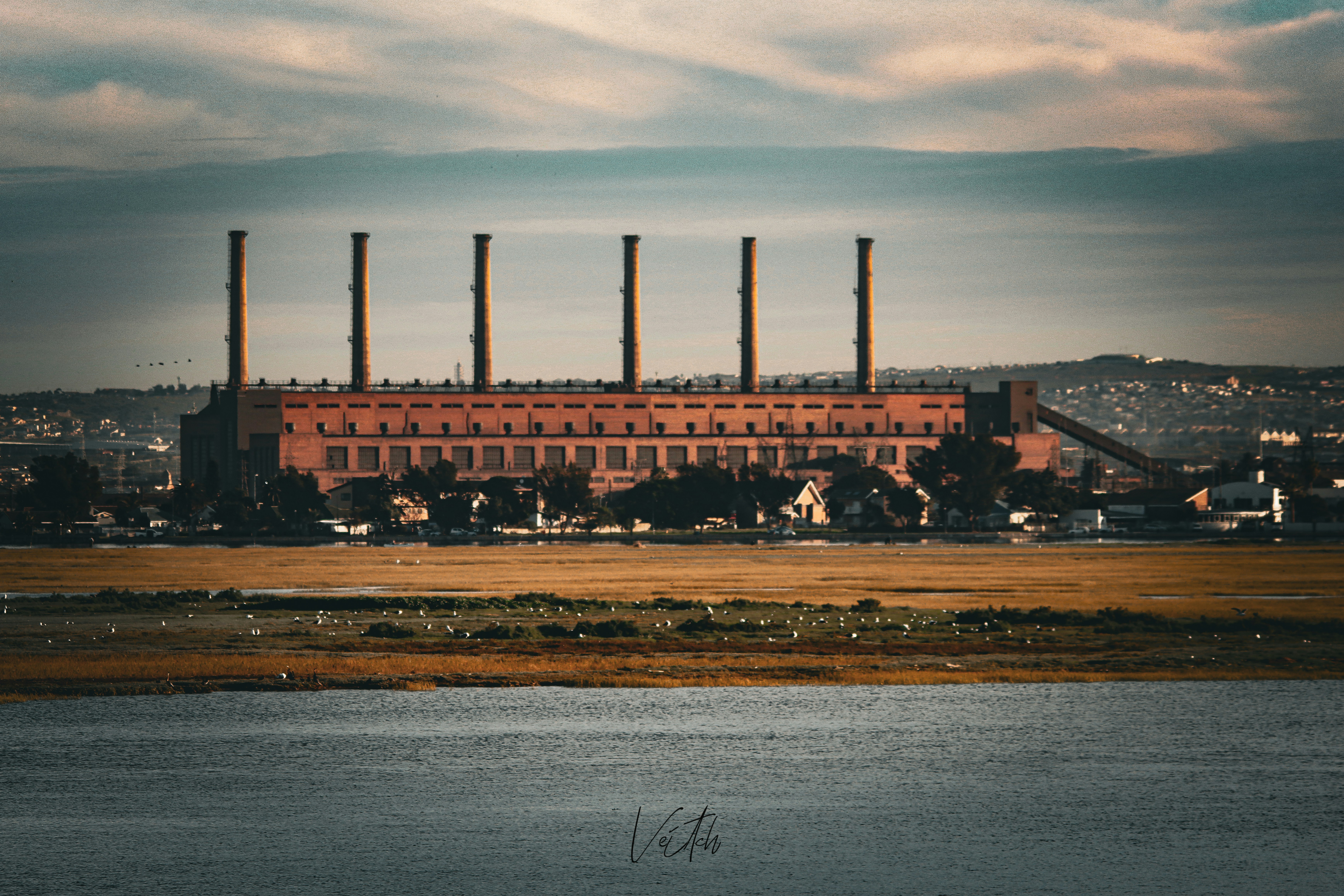 A large brick power station with six tall chimneys across a marshy landscape