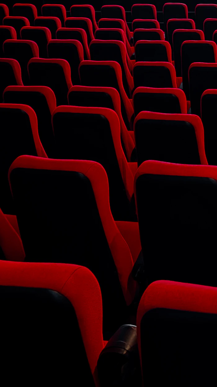 Rows of empty red and black cinema seats in a dark theater