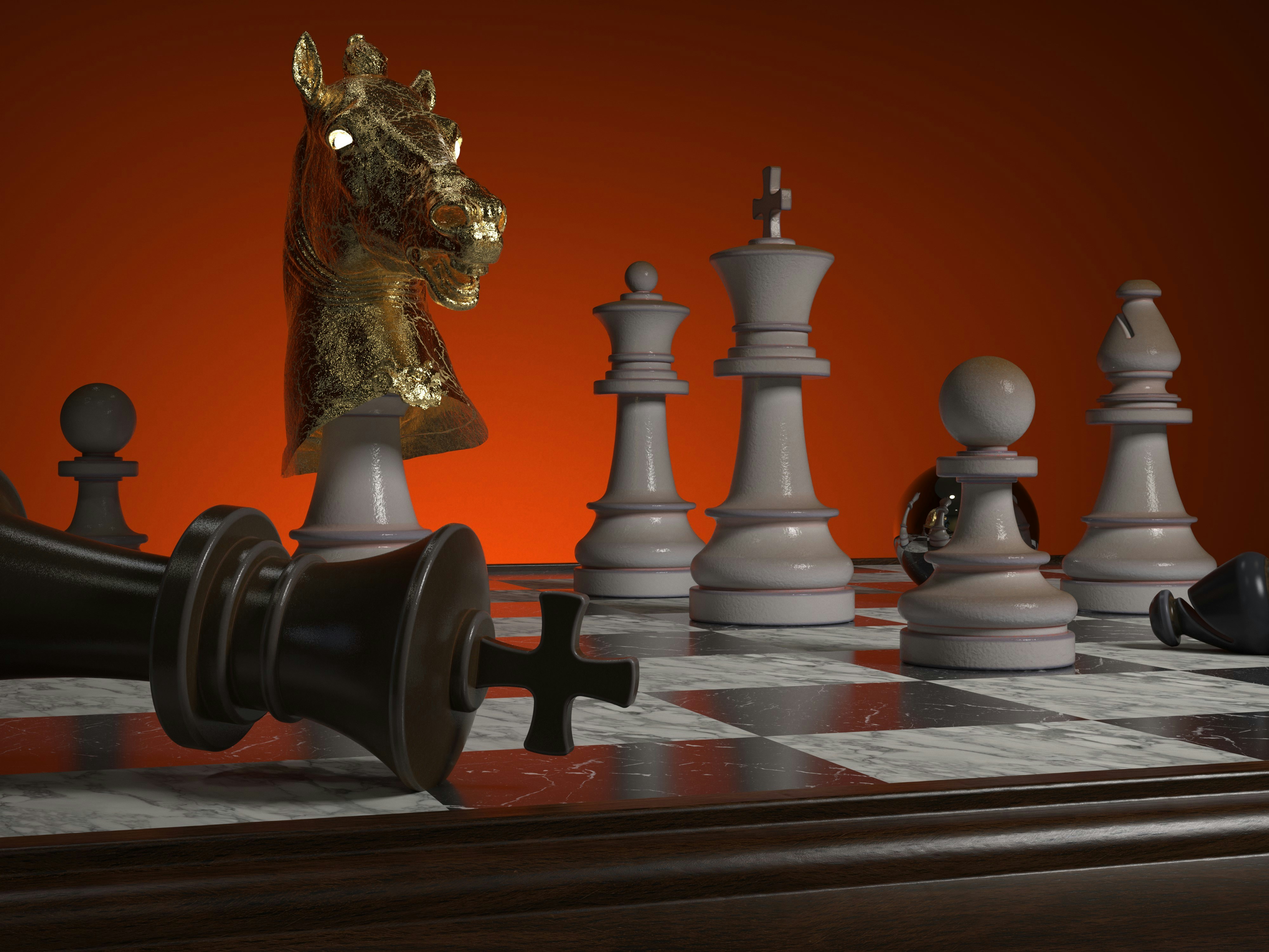 A golden horse head chess piece among white and black pieces on a board