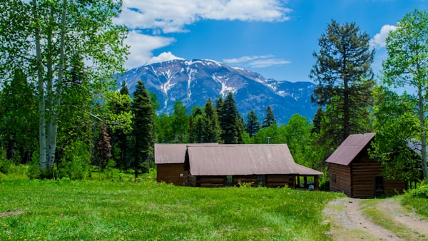 Log cabins in a meadow below snow-capped peaks — Terrance Agar on Unsplash