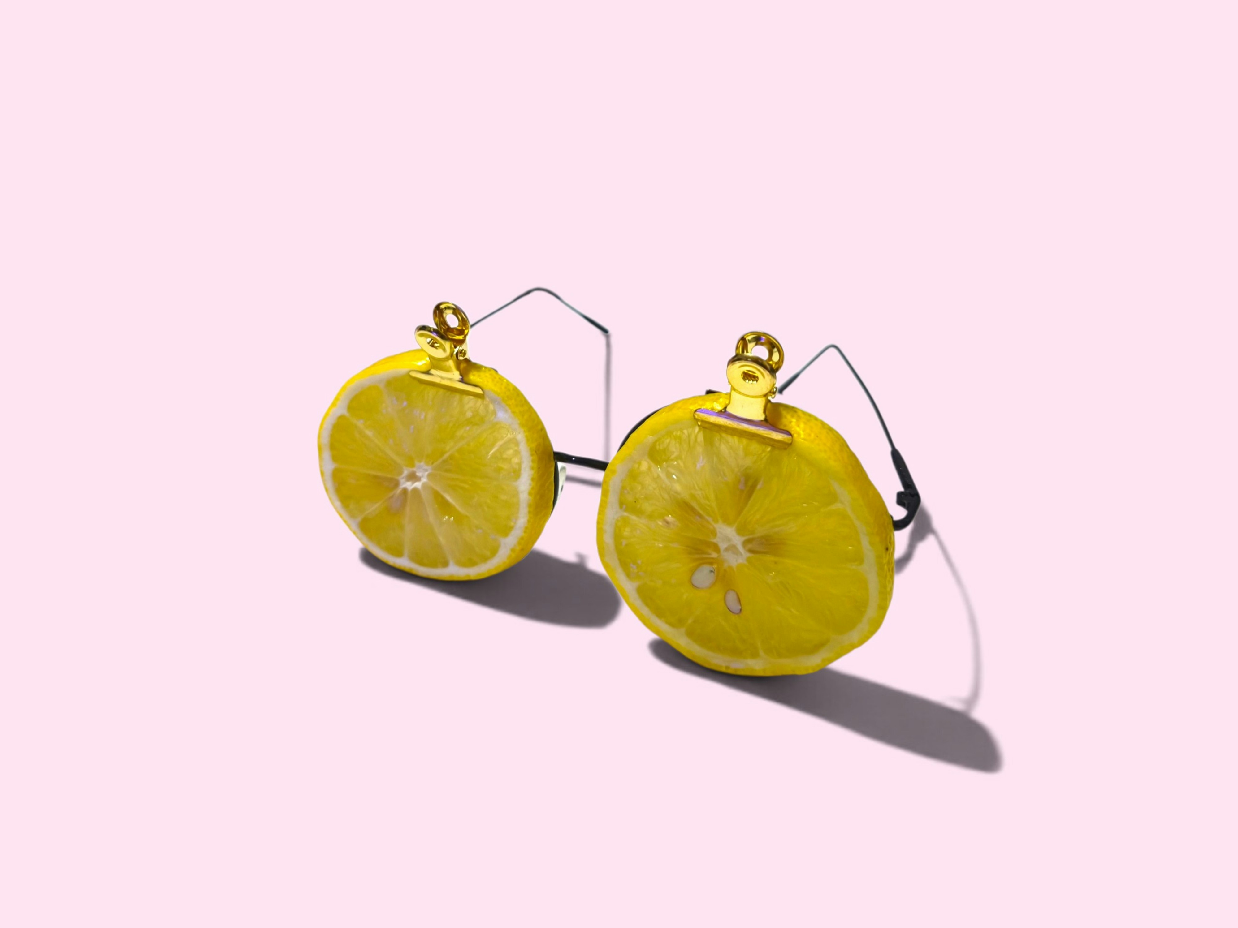 Two lemon slices attached to wire frames on a pale pink background