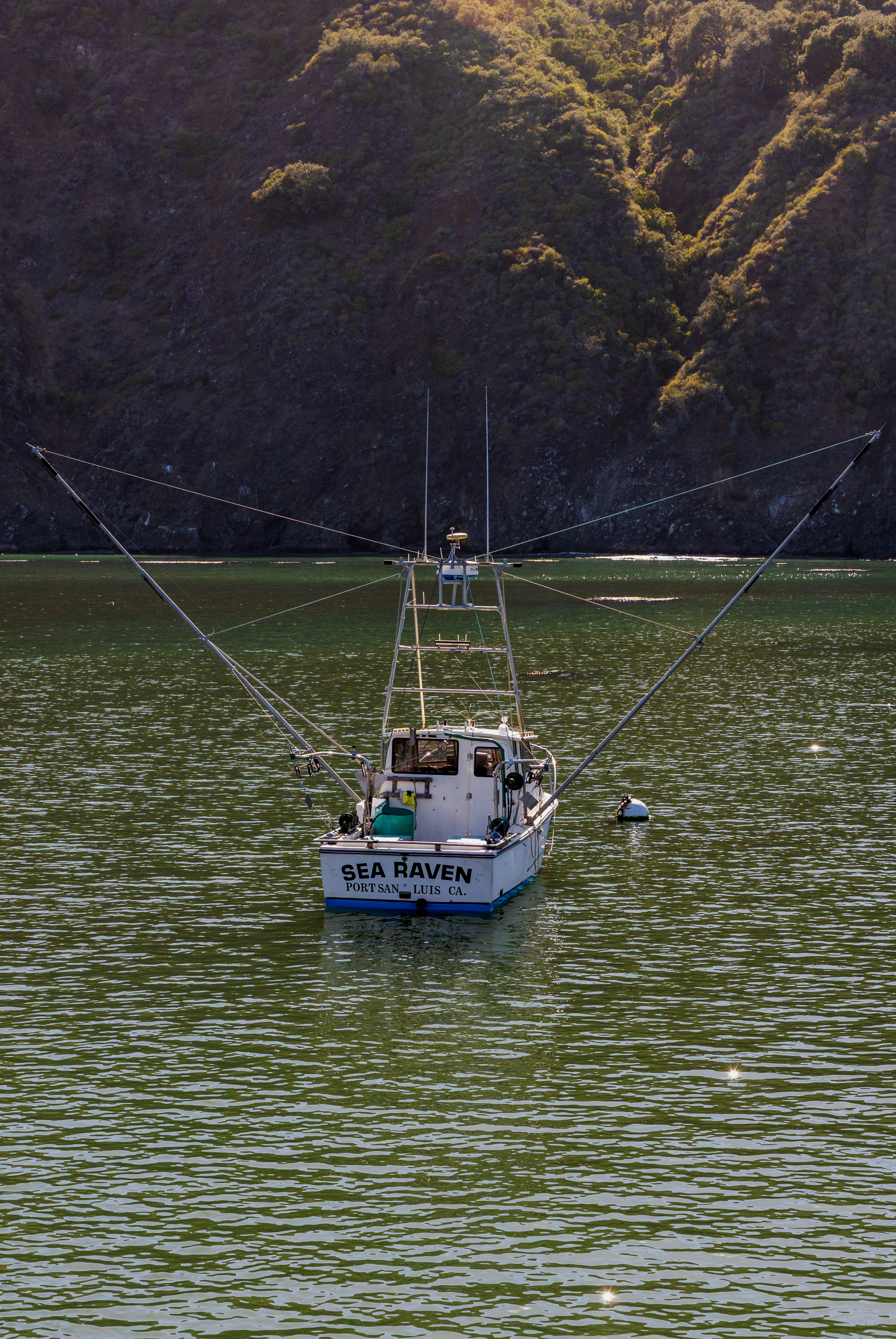 A fishing boat named "Sea Raven" on green water near a steep hillside.