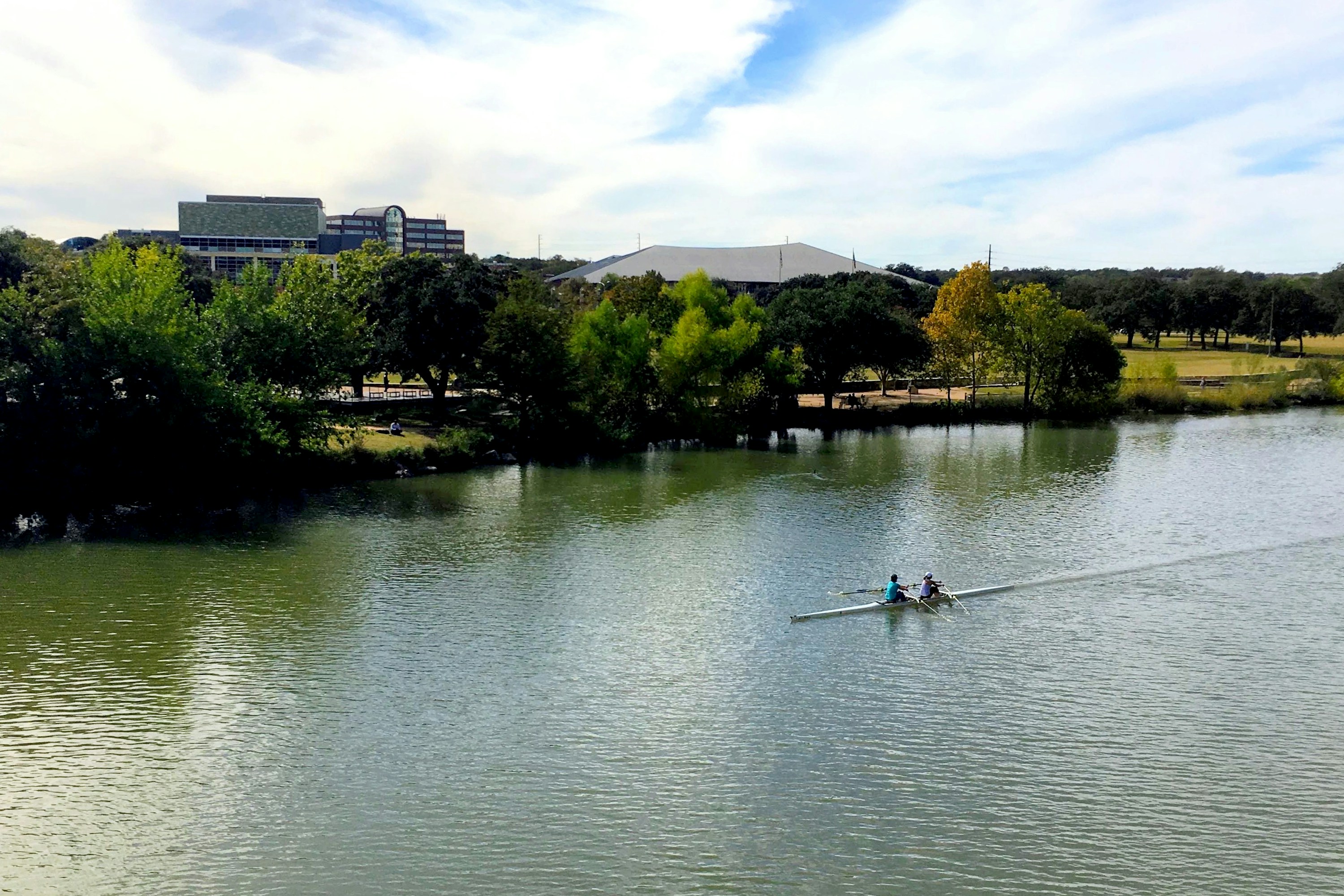 Two people rowing a scull on a river past a tree-lined park