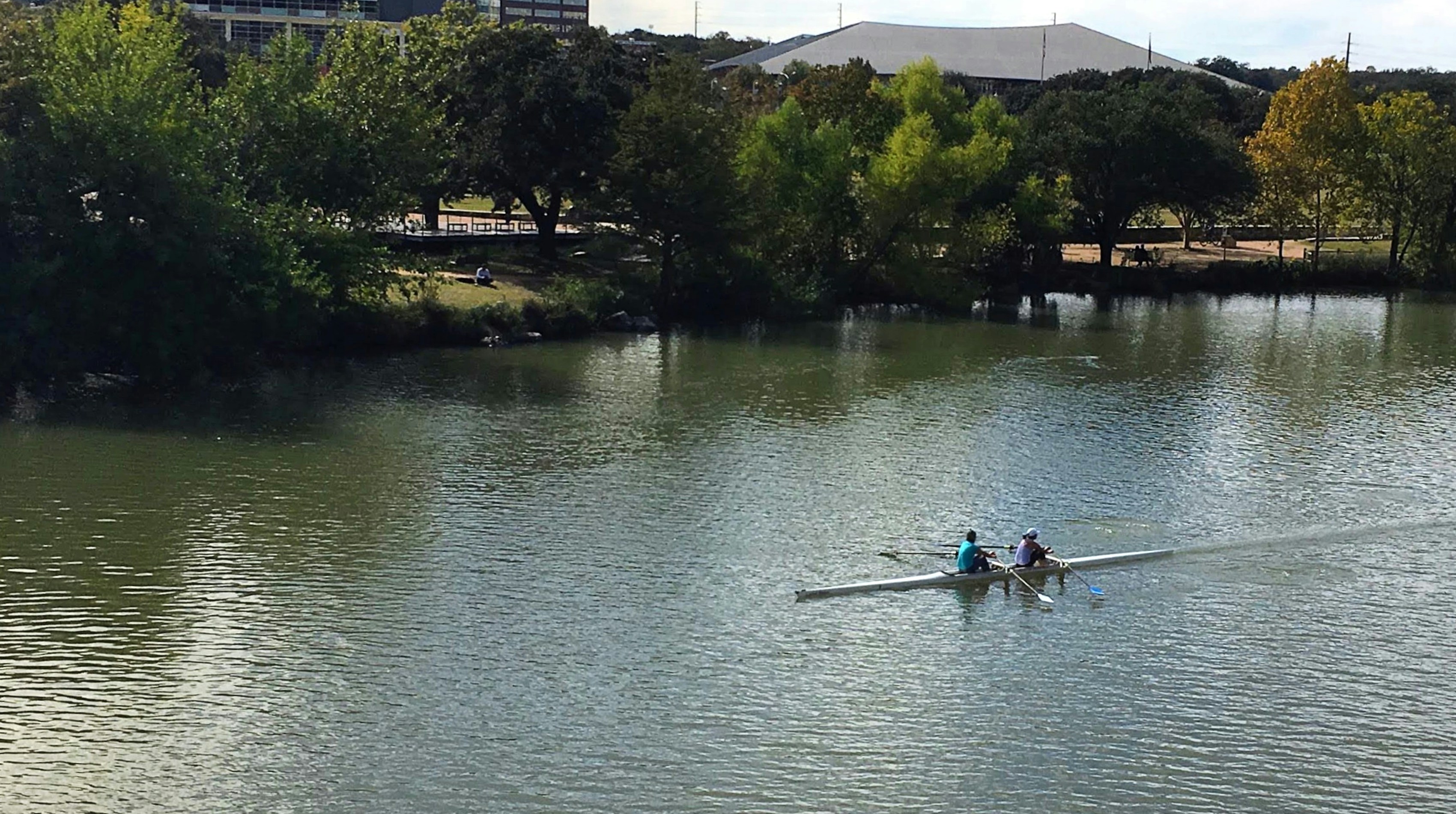 Two people rowing a scull on a river past a tree-lined park