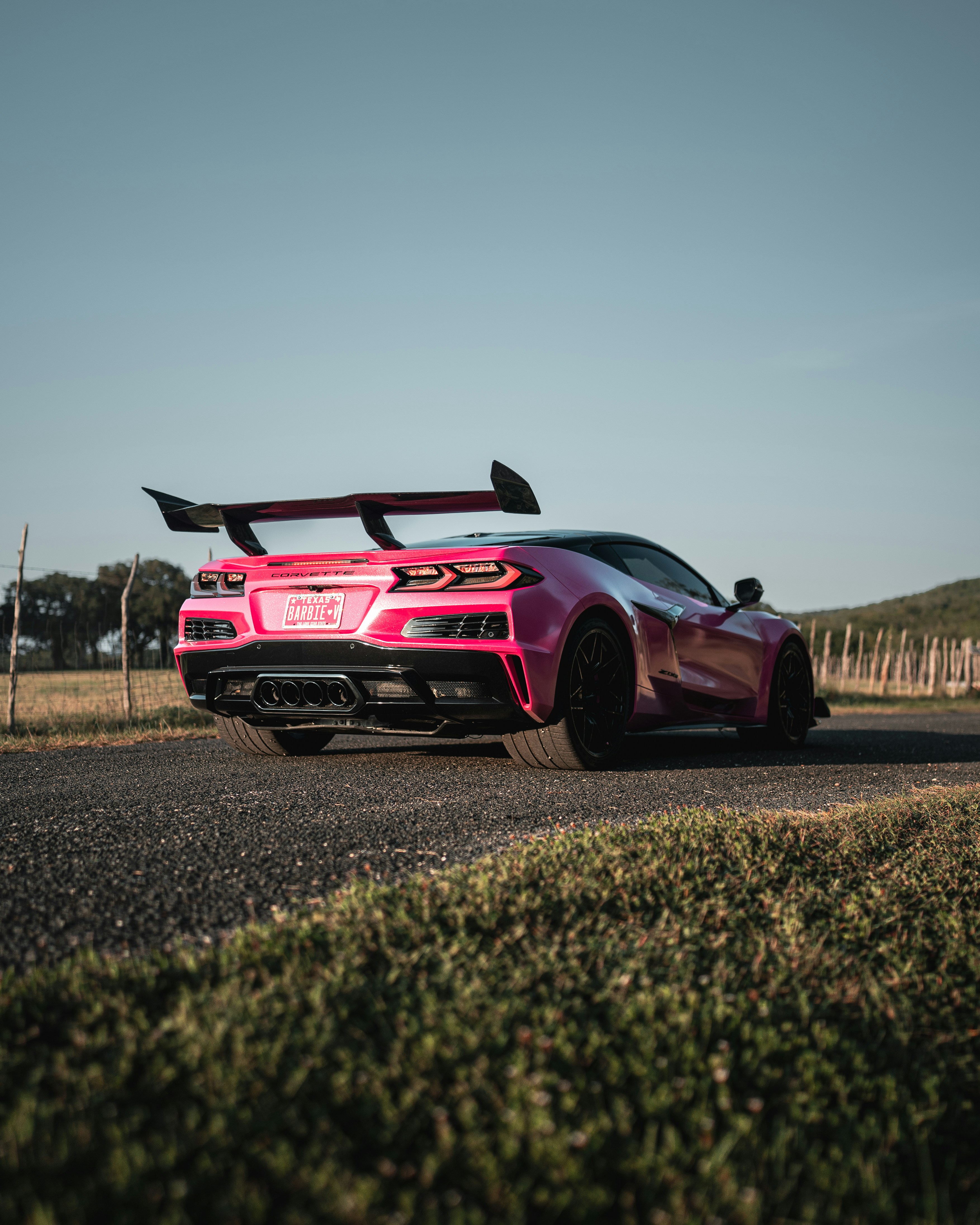 田舎道を走るピンク色のシボレー・コルベットZ06スポーツカー