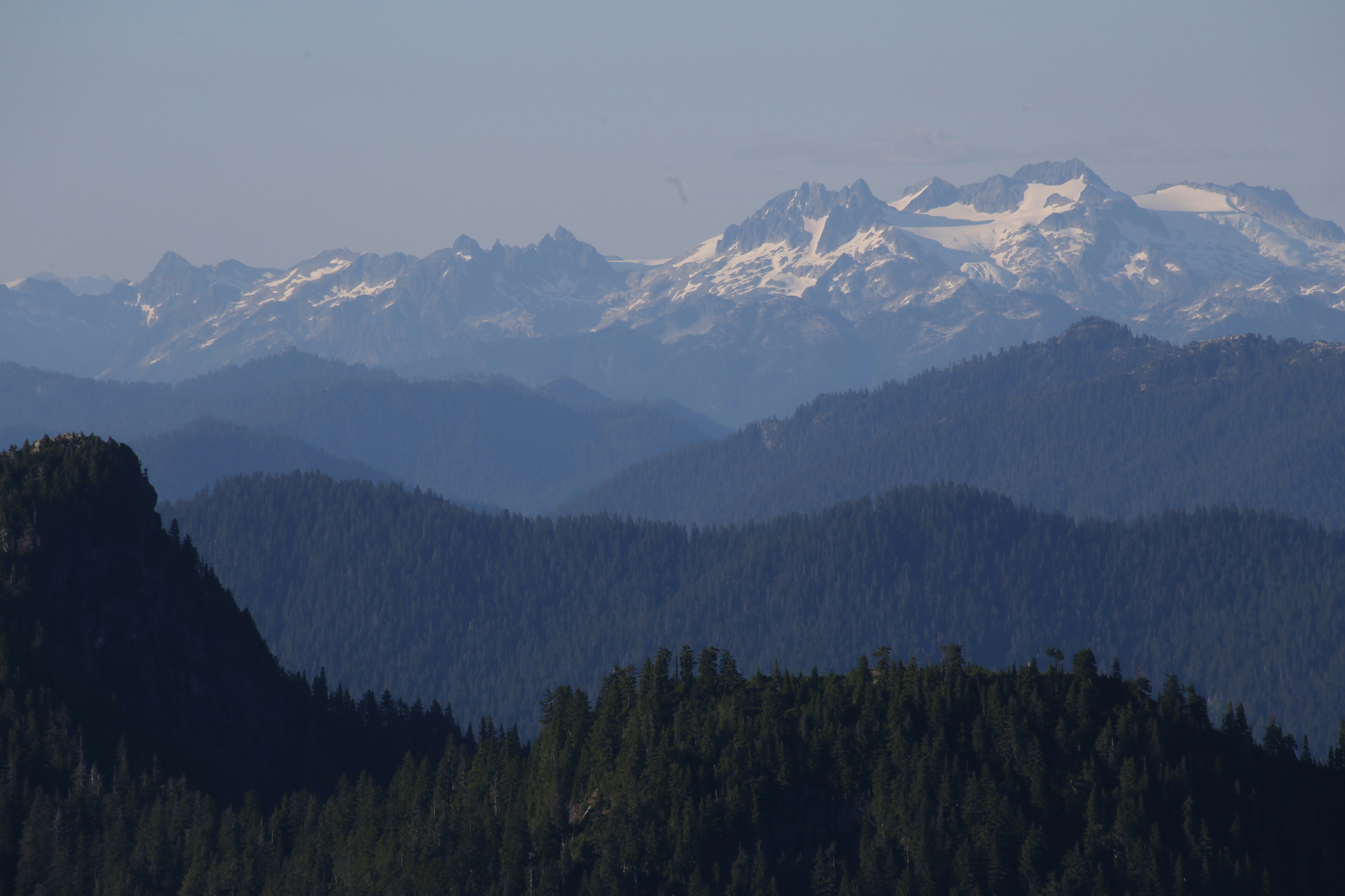 Layered mountain ridges covered in dense evergreen forests beneath snow-capped peaks