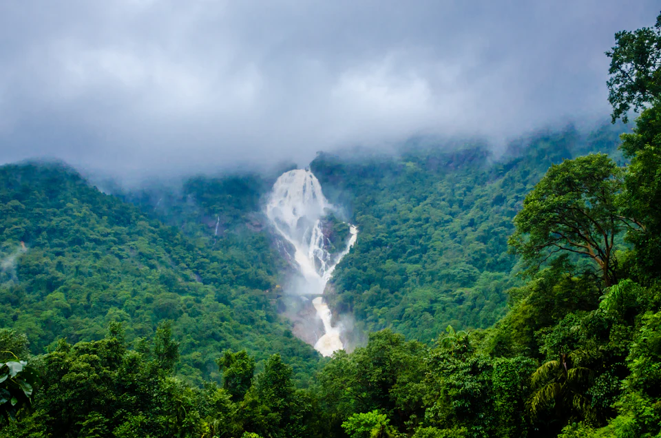 Dudhsagar Falls pouring down a forested hillside under monsoon clouds