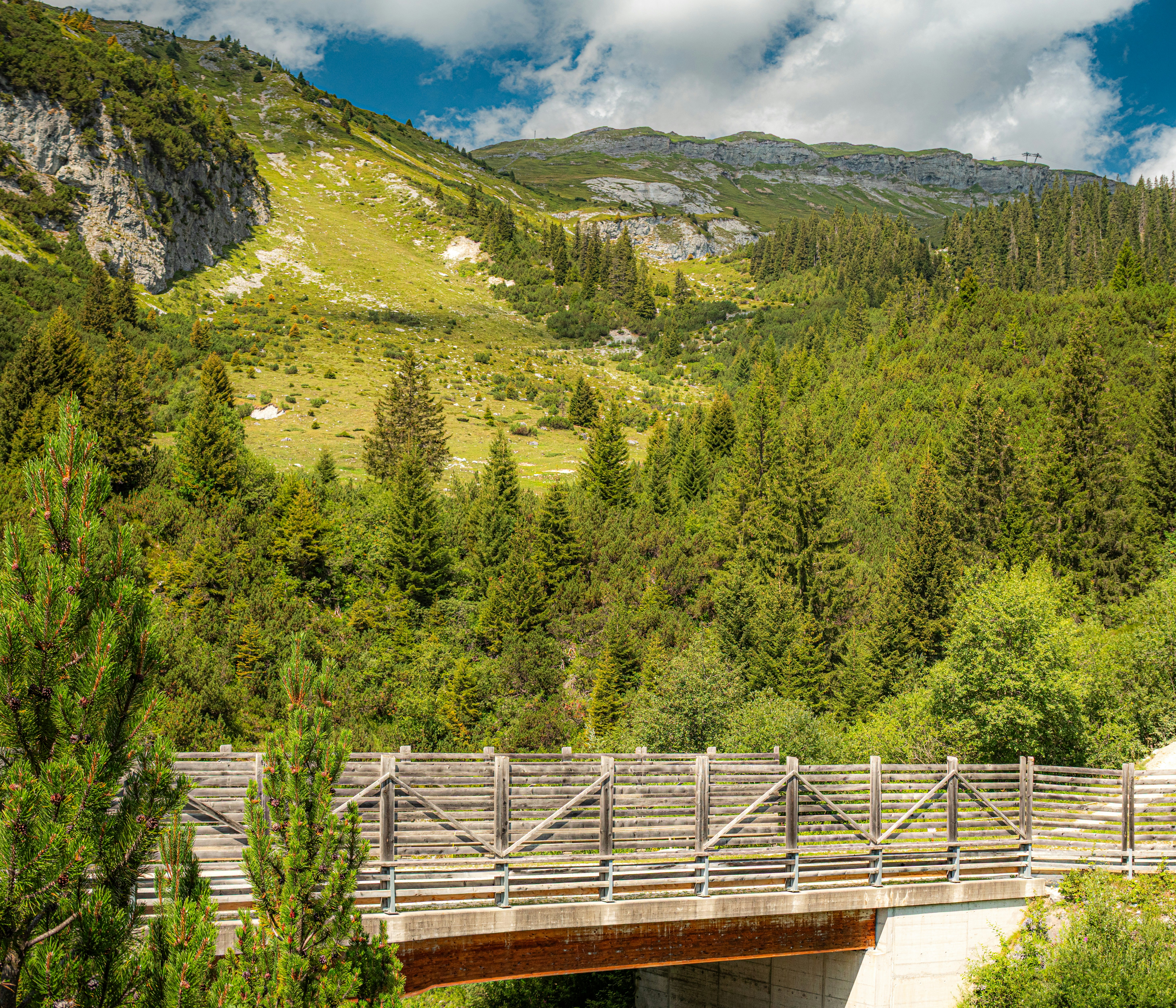A wooden bridge with a slatted railing in a lush green mountain valley