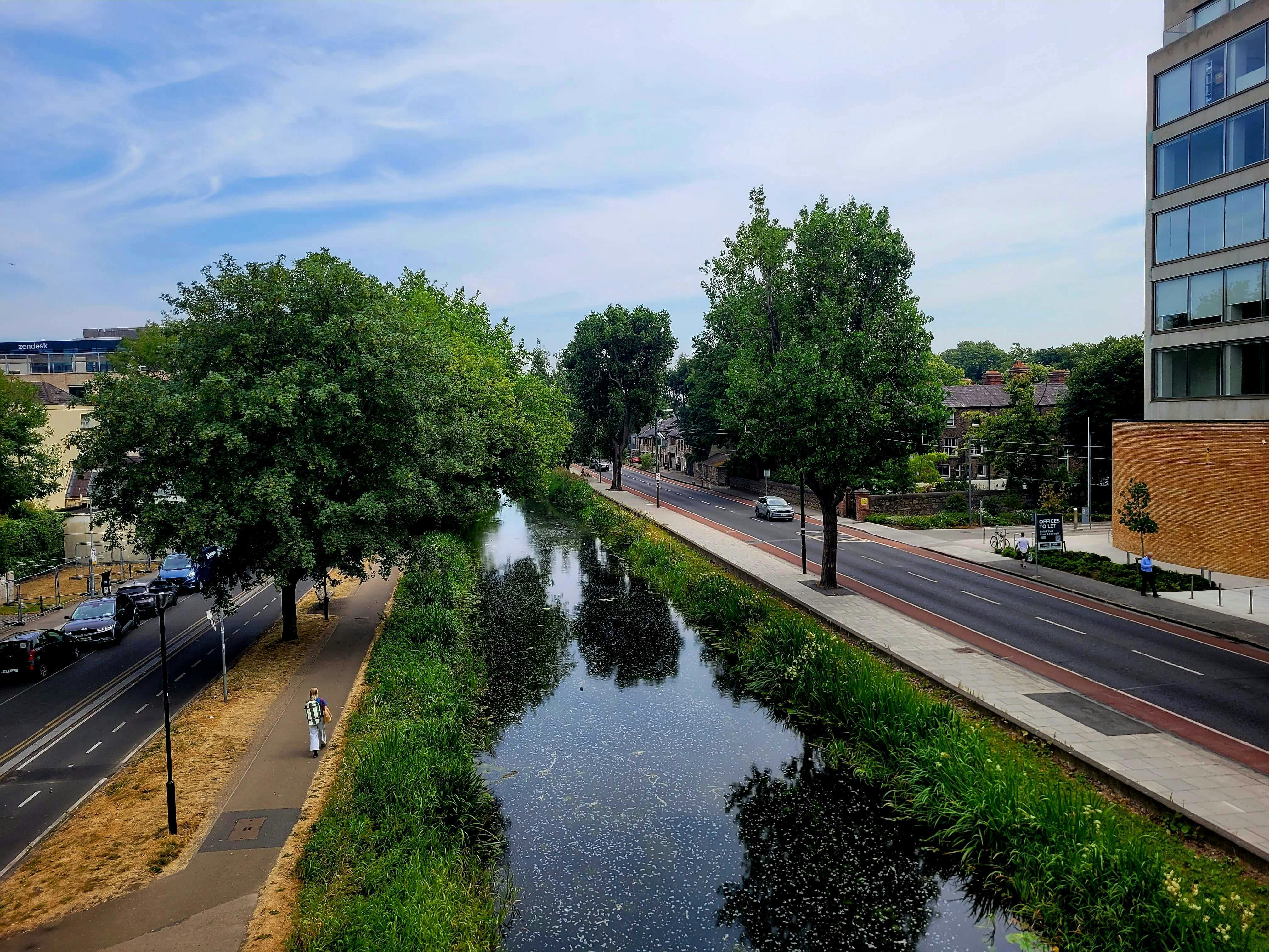 Sebuah kanal yang mengalir di antara jalan yang dipenuhi pepohonan dan jalur pejalan kaki di Dublin