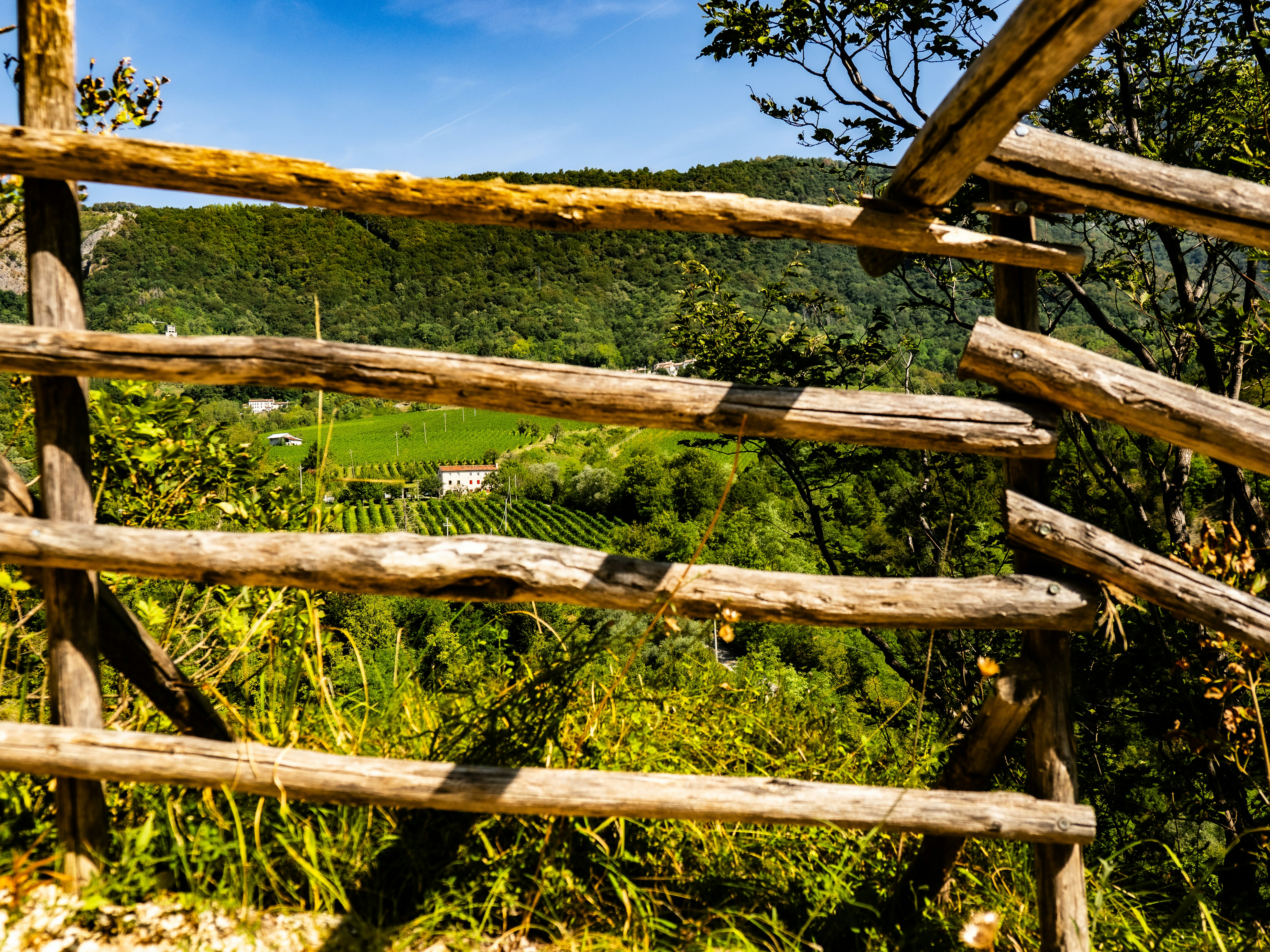 A rustic wooden fence overlooking a lush green valley with a small house